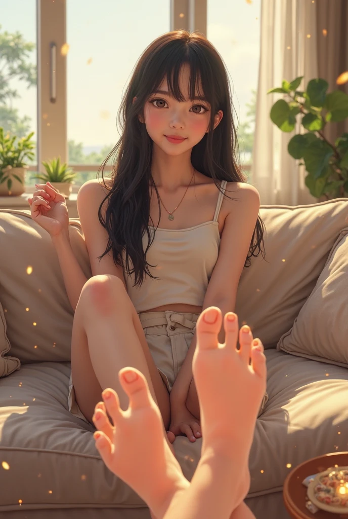 cute korean girl lying in bed teasing feet