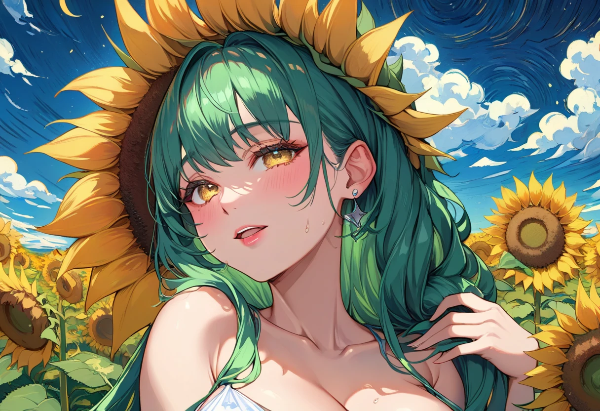 Highest quality,１People Girls, cute, Yellow-green hair,Long Hair, Floating hair, Bright yellow eyes, Loose and fluffy hair, Elegant and delicate eyes, Detailed facial features, Long eyelashes, Beautiful lip detail, graceful and detailed poses, Upper Body, Dynamic configuration,Vibrant colors, Soft and dreamy, Hibiscus Landscape,A cheerful smile,Ocean,summer,Daytime,No clothes on, Completely naked, sitting on the beach,Large Breasts,  exposed, Nipples are also visible