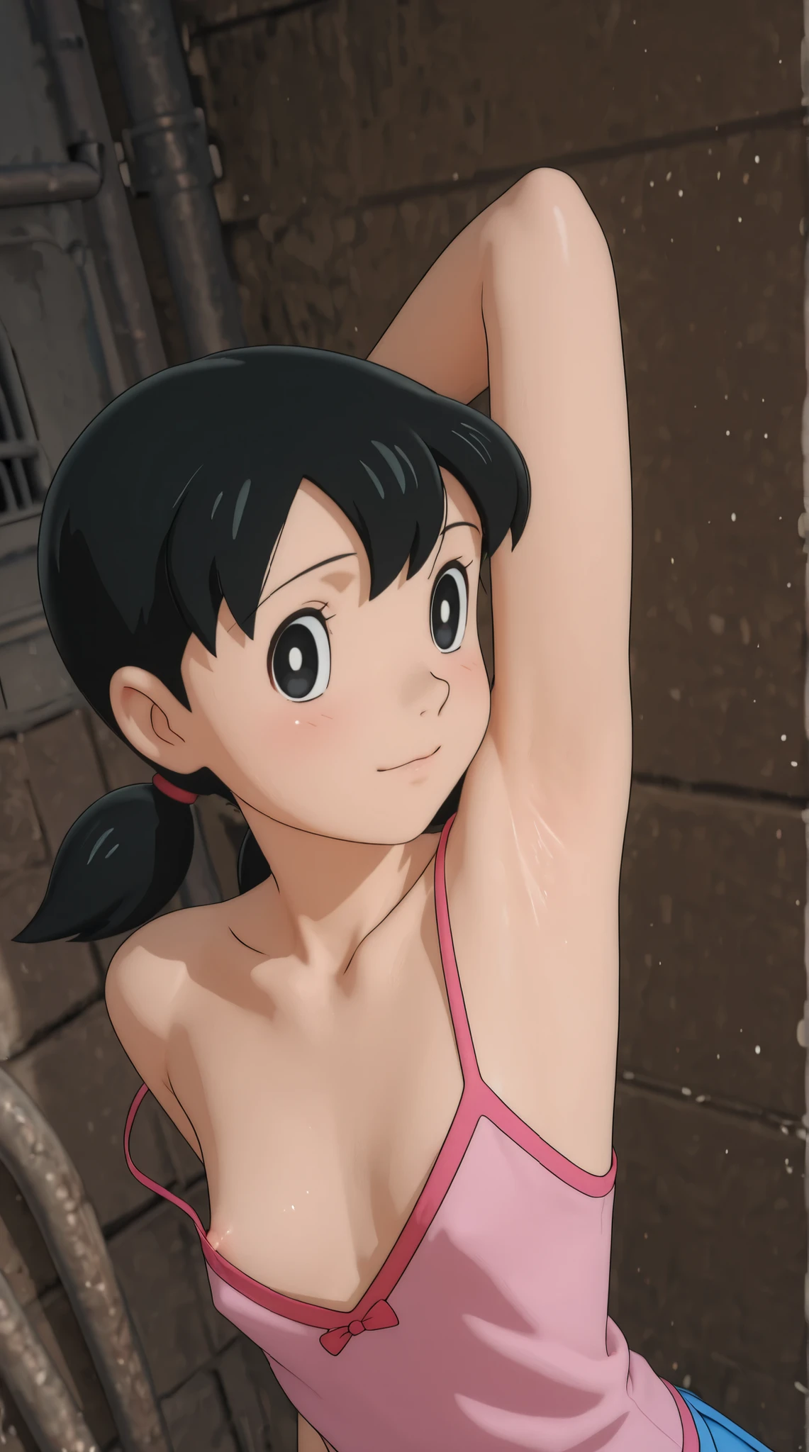 there is a 3d image of a young short girl in a pink camisole posing sensualy in the back alley for alluring people, armpit, subsurface scattering skin, anime art style, , render of a cute 2d anime girl, 2d anime girl, minamoto shizuka \(doraemon\), black hair, low twintails, short twintails, black eyes, pink camisole, looking at viewer, flat breast, 1girl, black hair, twintails, short twintails, short hair, black eyes, pink camisole, blue_skirt, 3 d anime render