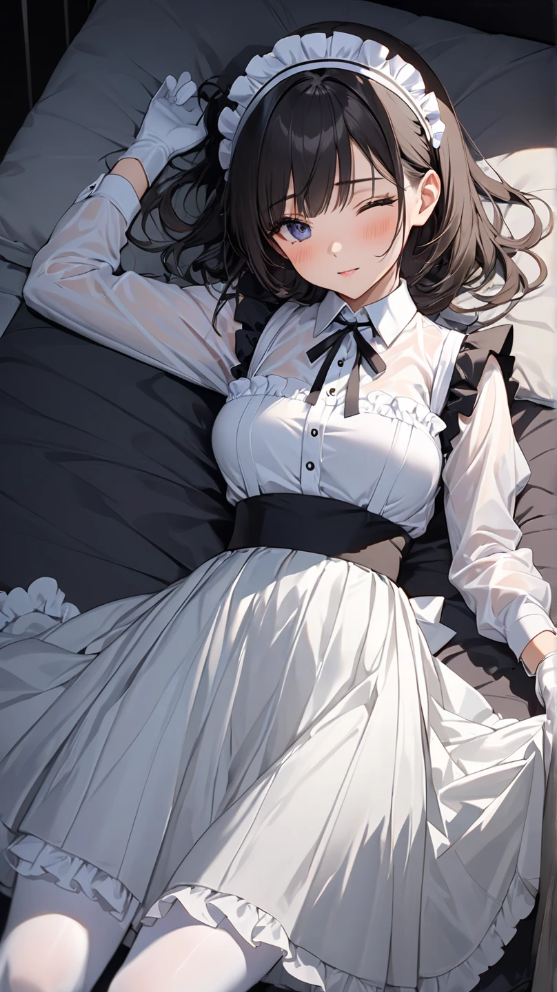Mature 、(solo)、Thin legs、(Head to toe)、From above、Lying in bed、Spread your leg-shaped feet)、、(Black Pantyhose)、White panties visible through black stockings、Very beautiful 17 year old girl、(I'm not wearing shoes)、(Troubled eyebrows)、(blush)、(attractive)、(Open your mouth)、(Enchanted)、(lament) 、(Half-closed eyes)、Frightened Eyes、Shy big eyes、(The area with short brown hair)、(Banessy Hair、(Barrette)、Lying on white sheets、Staring at this、(White panties are visible)、 Cross your arms behind your back。 Groin、Frills、White Lingerie、tears、High  Blazer、High White Blouse、High  blue ribbon、High check and navy pleated skirt、Mikoto rose.、Brown Hair、Brown eyes