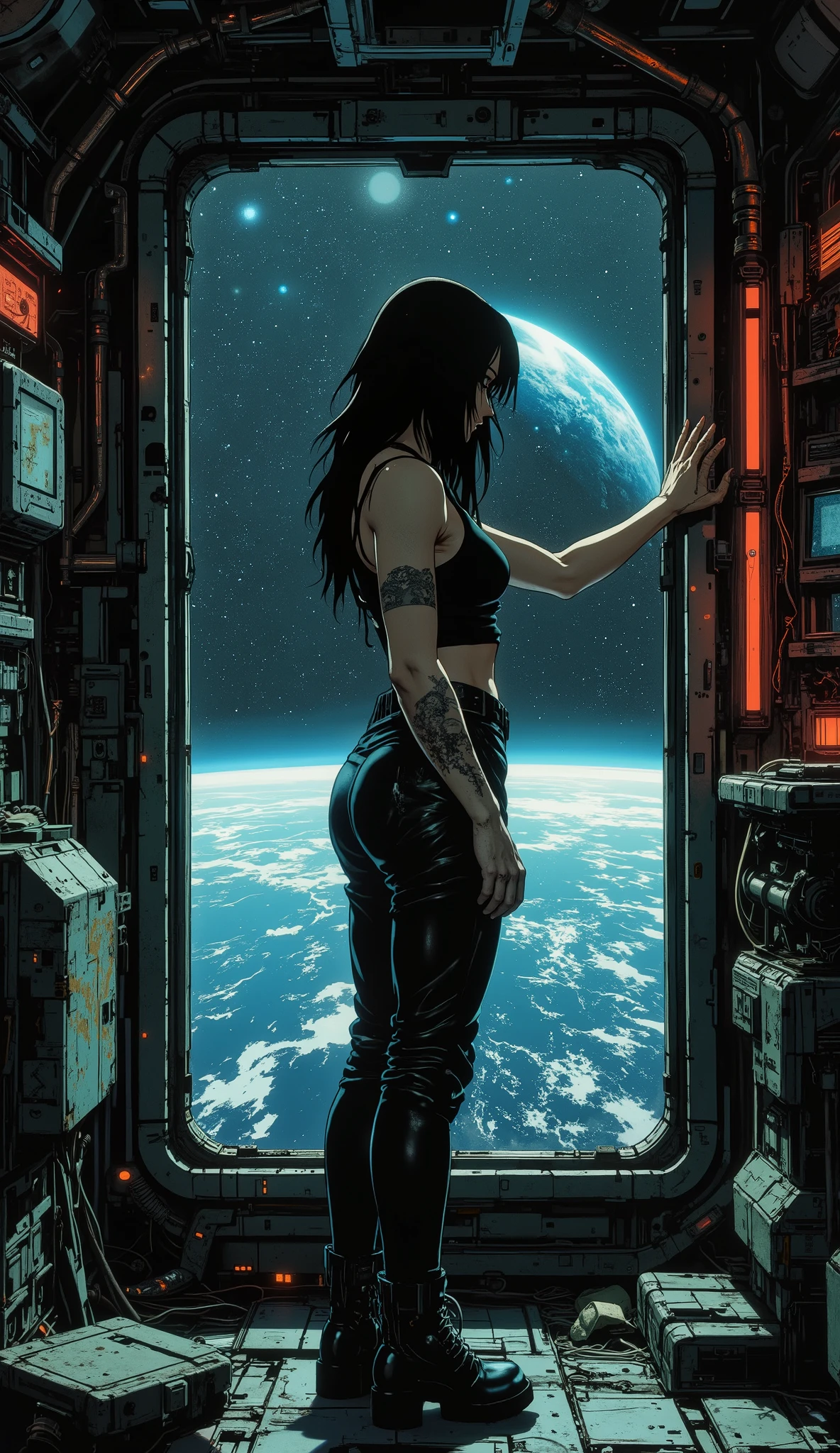[Background art]] A futuristic, cyberpunk-style spaceship with a dark, retro atmosphere, inspired by 90s anime. An empty room inside a ship with a huge window overlooking space. The rectangular window reveals the dark space and the curvature of the Earth. The interior of the ship is dimly lit. [[RIGHT ANGLE and side view]] A woman looks out the window. The view is sideways, showing her from the side, touching the window glass. [[Side view]] She is wearing a black tank top, black leather pants, and high-heeled combat boots. She has long black hair. The walls show signs of rust and age. The anime style features an anime background and a 32k cel tone technique. The rendering is in the style of the animes Vampire Hunter: Bloodlost, Blame, and Black Lagoon. Exposed wires. The ship has a steampunk style. The interior is not oval, but rather linear, straight, and linear, inspired by post-apocalyptic spaceships. The interior setting is Mad Max style.[[From the window, you can see Earth from outer space