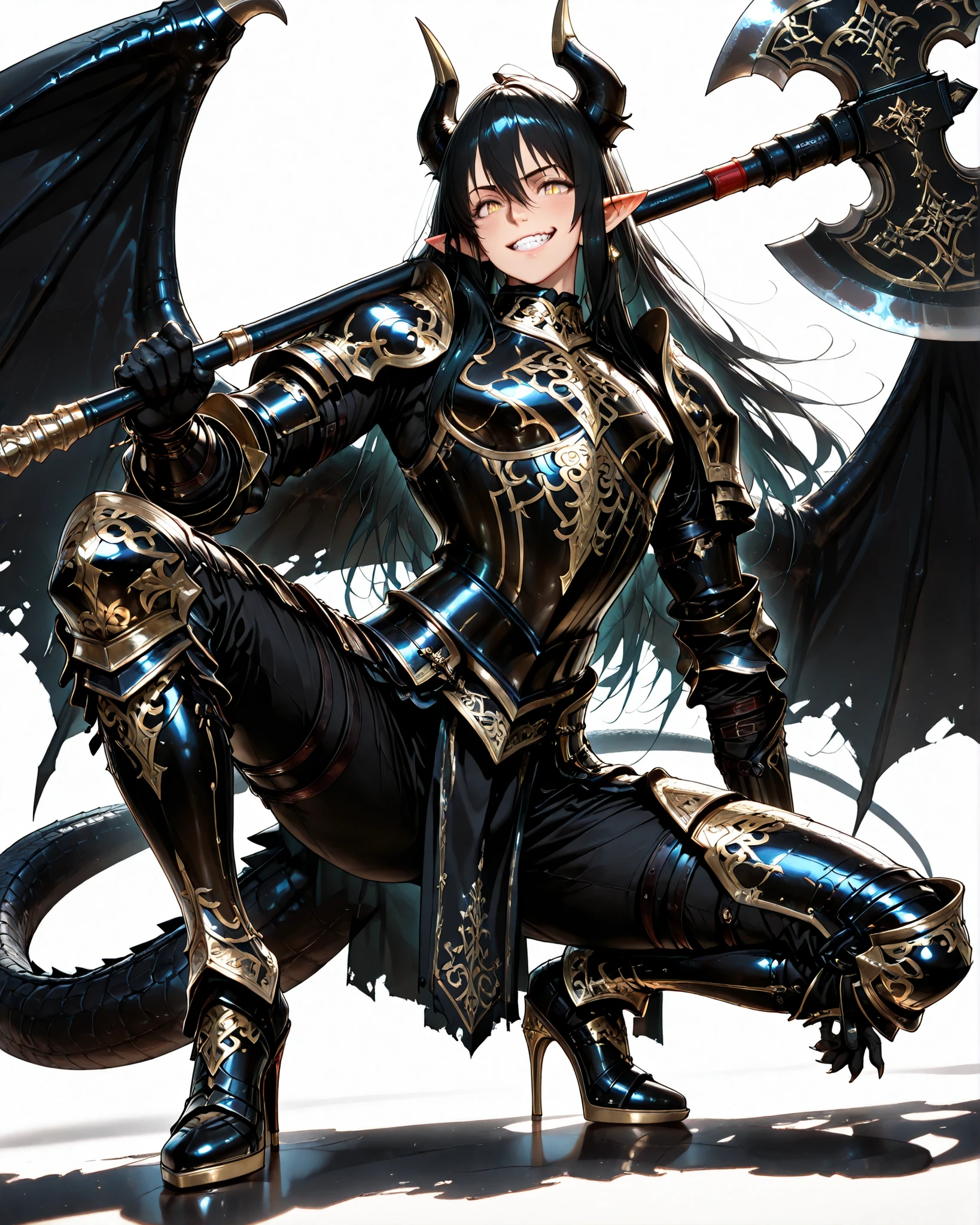 score_9, score_8_up, score_7_up, absurdres, (((128K Ultra High Resolution))), (masterpiece, best quality: 1. 5), (high definition: 1, 4), (highres), 8K wallpaper, (excellent graphics: 1. 5), CG, (((Japanese Anime style))), (1 male), solo, ((lean body, masculine)), weredragon, glossy black, shiny black leather, ((beautiful golden eyes, finely detailed eyes, bright eyes, slit pupils)), hair between eyes, black hair, long hair, sideburns, wild hair, (sly grin, sinister grin, smirk), teeth, confident, (((ultra detailed face))), shiny skin, long pointy ears, twisted torso, long-legged, sculpted face, wasp waist, dragon horn, dragon tail, dragon wings, dragon sharp claws, (black armor with a lot of grandiose decorations: 1. 5), half dragon half human, (crouching, holding giant axe on shoulder, shoulder an axe, big & huge axe, combat pose: 1. 7), (dramatic angle, dynamic pose: 1. 5), (ultra detailed black armor, well-polished black armor: 1. 5), (gold-adorned armor: 1. 5), all black outfit, full body, sharp focus, good-looking man, (best illustration, highly detailed artwork: 1. 5), (cinematic), dramatic lighting, (intricate detail, extreme detailed, super detailed: 1. 5), chiseled features, (stark contrast, heavy shadows: 1. 3), detailed black decorations, beautiful & aesthetic, photoreal, (from side), (mysteriously crafted black metal armor: 1. 5), thick & luxuriant hair, (ultra detailed fantasy black armor, wonderful black armor: 1. 5), (realistic metal texture), broad shoulder, true-to-life visuals, artistically refined, (extremely delicate & beautiful armor, elaborate armor details: 1. 5), (giant black armor, dark armor, stylized armor: 1, 5), (((armor-type high heels))), (extremely detailed armor with intricate engravings, intricate armor with gold ornaments: 1. 5), (((very gorgeous and dazzling))), (dark fantasy black knight: 1. 5), slim waistlines, wide chested, sinewy body, (Hyper Detailed & Perfectly Designed Black Armor: 1. 5), ((simple white background))
