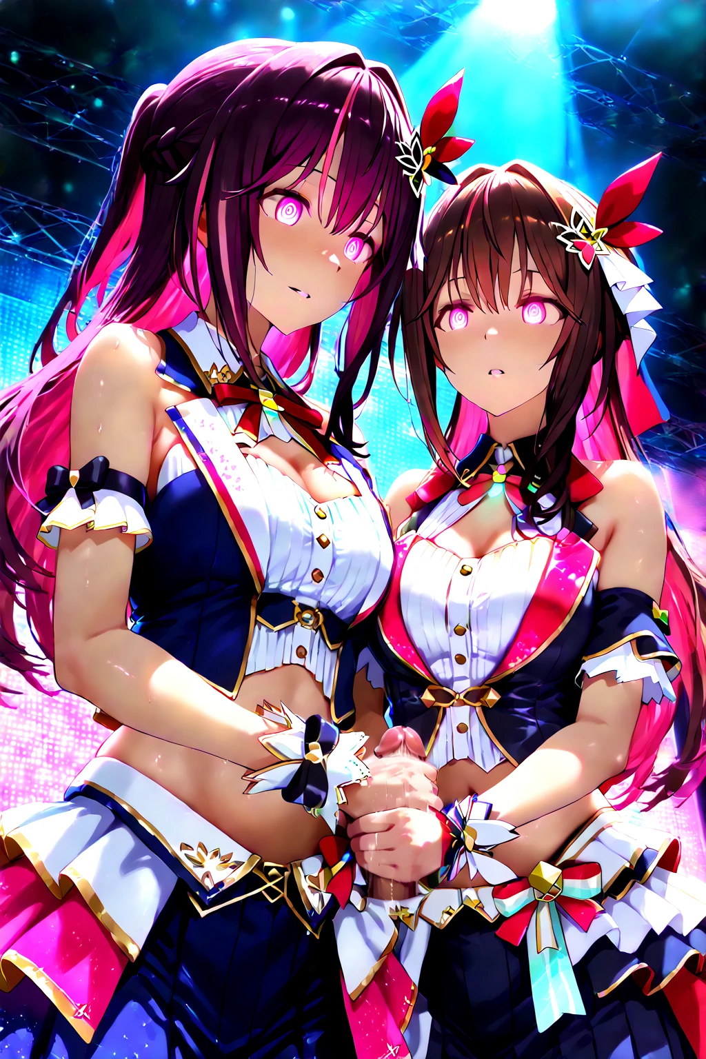 (fiche de conception de personnage, same character, Devant, side, de la), ((Extremely detailed illustration)), high resolution, des mains parfaites à cinq doigts, visage parfait . Deux filles de 25 ans,Soeurs jumelles, avec de gros seins et des mamelons qui pointent, vêtu d'une combinaison rose en latex (spandex) style hentaï ouverte aux parties intime, the scene shows her caressing her breasts, back bent facing the audience, angle de vue multiples, seductive and explicit, corps voluptueux et musclé, legs spread, plaisir intense écrit sur son visage, eyes rolled upwards. NSFW❤️💕💖💋