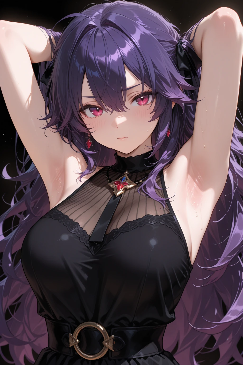 Anime girl
Black long wavy multicolored_hair(rainbow gradient hair)
Red colored eyes
Cute
Sexy girl
Solo girl
1 girl
Beautiful breasts
Wearing cat keyhole lingerie 