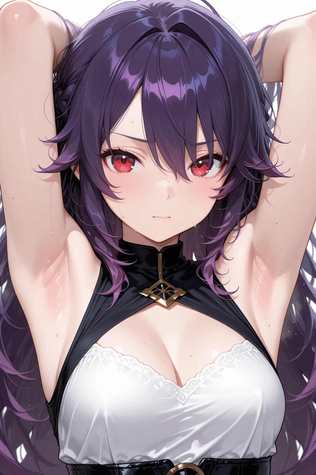 Fox Girl, Large Breasts, Purple Hair, masterpiece , Red eyes, hd, Head to Chest, buried in my chest、Underboob、black headband on head、tooth、Double teeth
