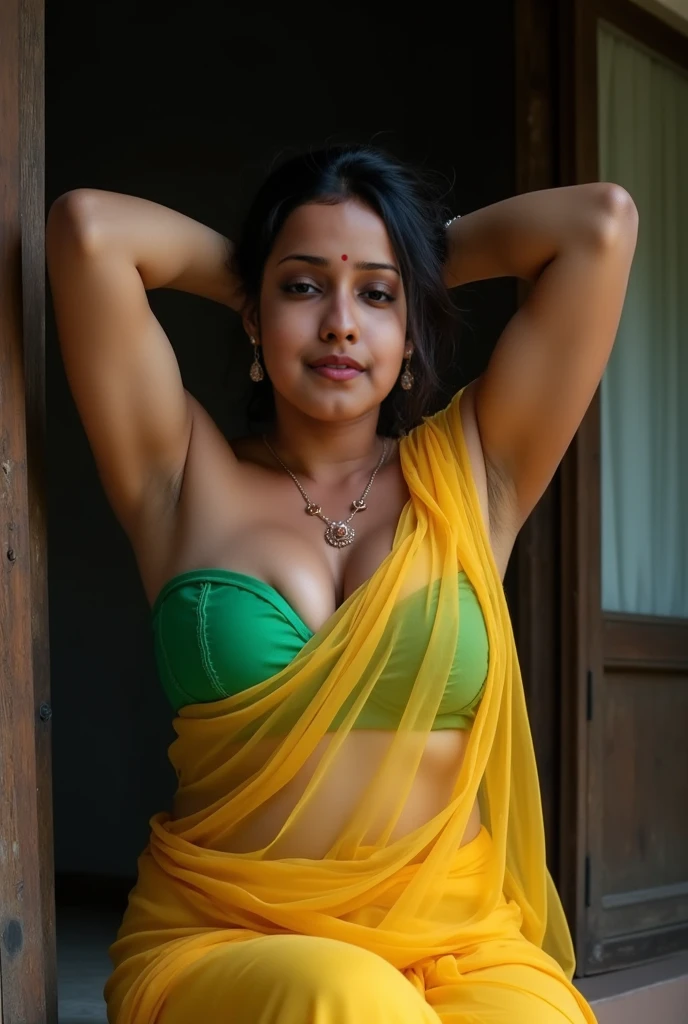 Young indian woman is wearing a full saree, village forest hut, blouse less saree,big ,big sexy chest,big ,detailed body and face, big bright eyes, charming, sexy, perfect anatomy, braid hair, detailed background, 8k,big chest