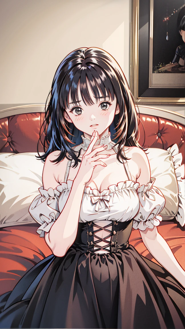 Masterpiece, Excellent, High Resolution, Solo, Big Breasts, Indoor, Misplaced Bra, Tong, (Reach: 1.2), Lie Down, From Above, Open Arms, Angry, Bed, Messy Underwear, Heavy Breathing, Sex Emoticon Invitation, Tights