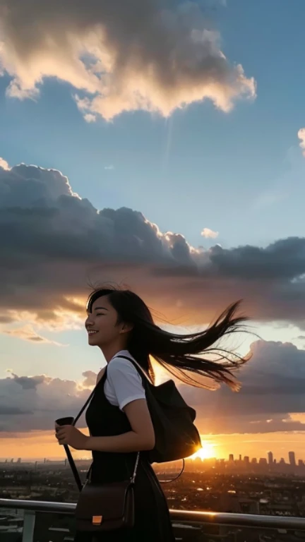 (Highest quality,masterpiece:1.3,Ultra-high resolution),(Very detailed,Caustics,8k),(Realistic:1.4,RAW shooting),Japanese,23 years old,cute,Place your finger on your lips,Are standing,(Big smile),(Looking into the camera),Black Hair Medium Hair,White blouse,Knee-length skirt,Strong winds,Hair blowing in the wind,Coastal,Backlight,sunset,sunset sky,(whole body),Natural light