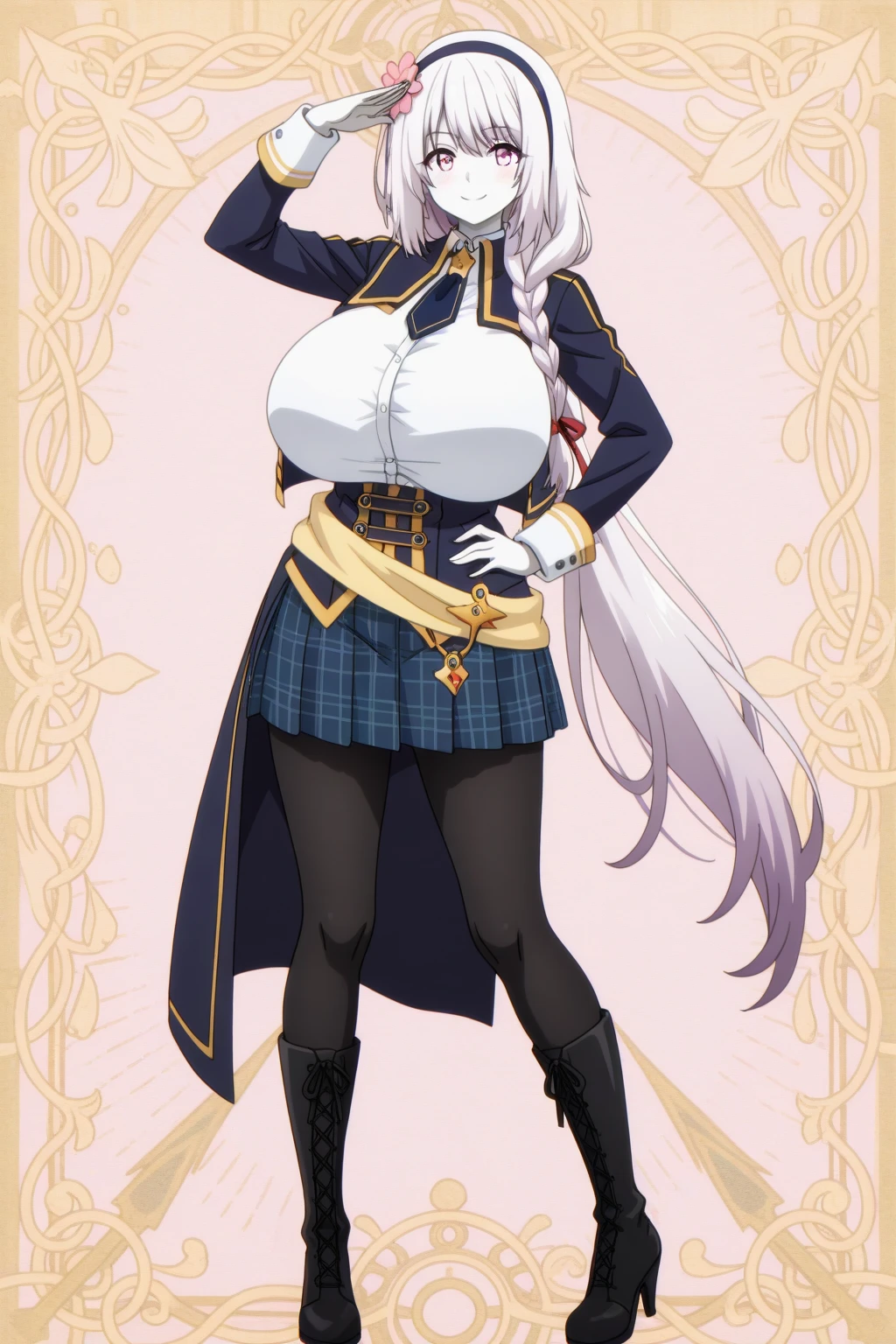 masterpiece, Highest quality,1girl,solo、large breasts,official、female knight、(((White Disciplinary Committee Chairperson、Noein)))、Ahoge、Fluttering Hair、Very long purple hair、Wearing white military uniform、An adult woman holding a thin long sword、Epaulettes、Purple Skirt、Blue Eye、RAW Color,Clear images、dark color、tall、((Black Stockings:1.1))、Purple leg armor、Narrow eyes、Are standing、(Dark Dungeon、Dark Prison)