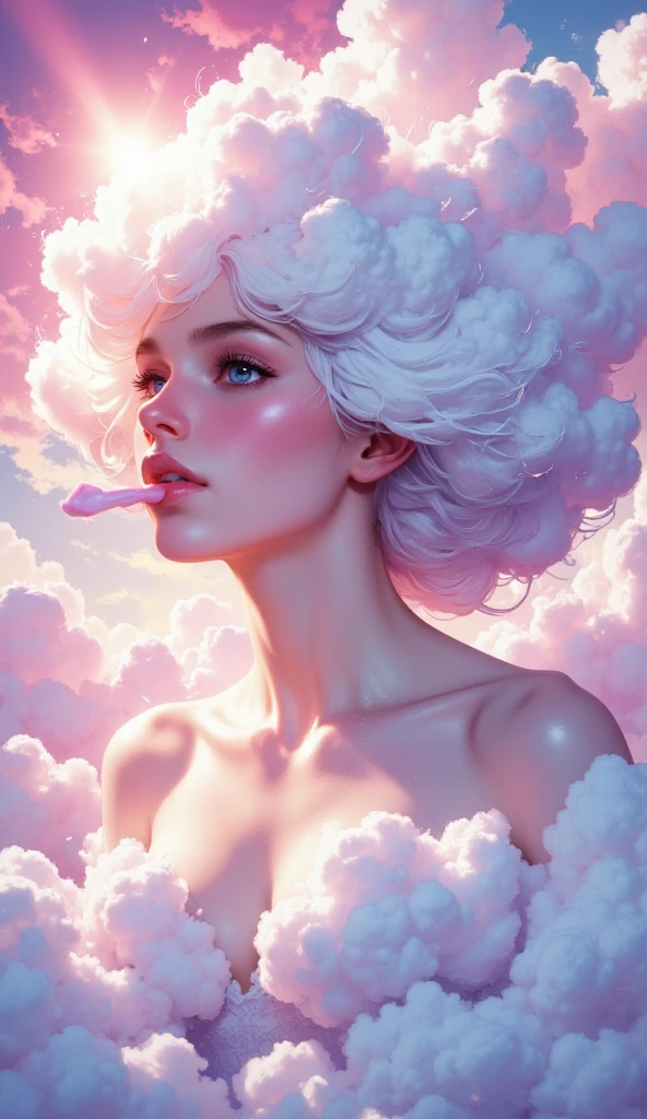sexy woman sitting on a cloud in the sky, looking to the side, cleavage, cloud goddess, dreamlike illustration, girl clouds, lie on white clouds fairyland, White cloud hair, jen bartel, Clouds. fantasy, Dreamy clouds, concept-art ,dreamlike digital painting