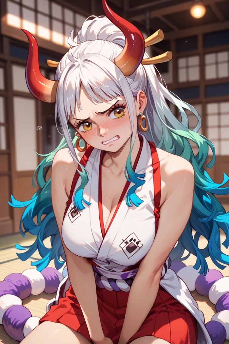 1girl, solo, oni girl, japanese kimono, large breasts, Black oiran's kimono, bare shoulders, Cleavage, Demon Horns, Long, sharp claws, tooth, dark skin,