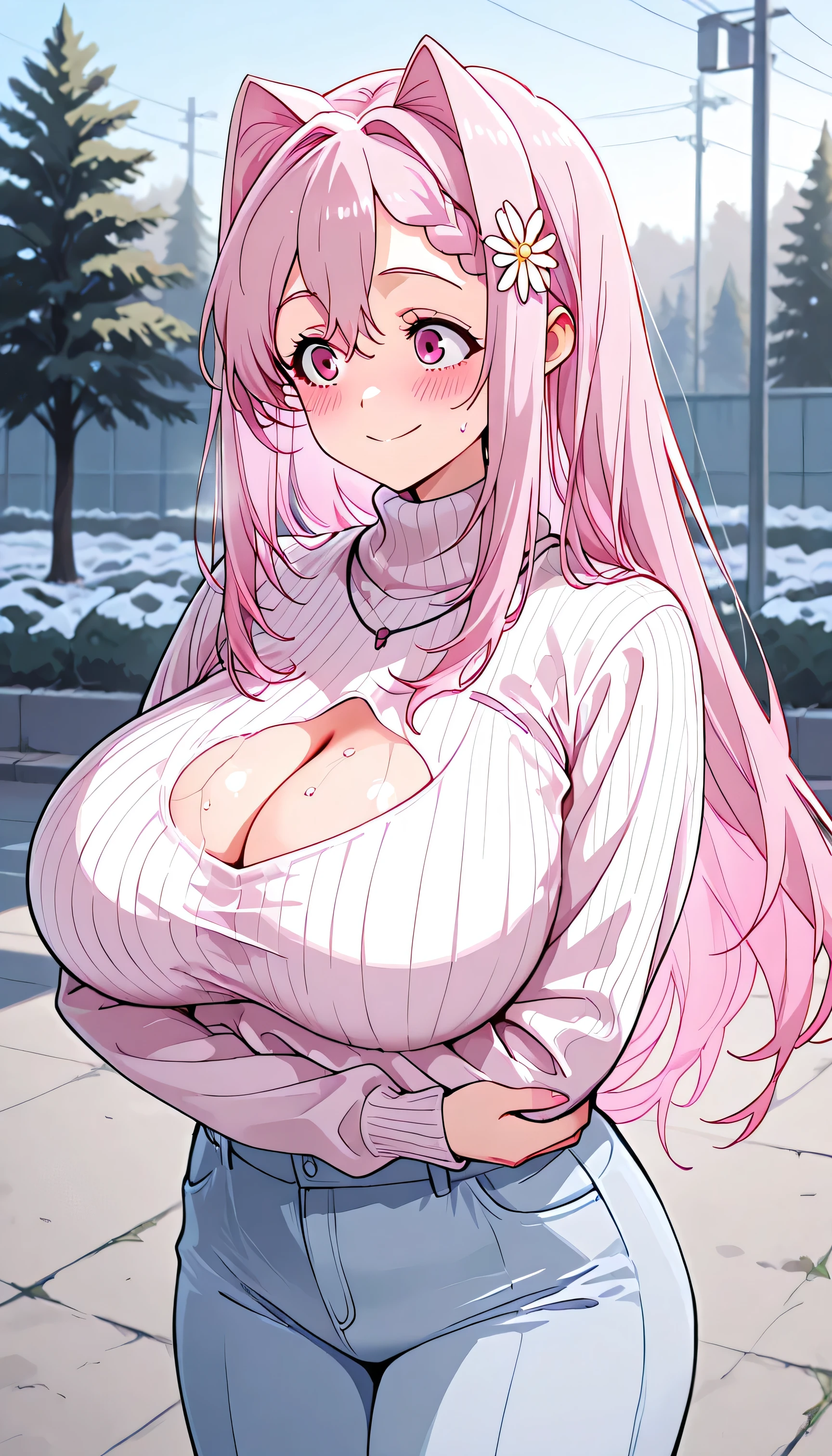 (masterpiece, best quality:1.2), sweater, short skirt, Eyes are very delicate, beautiful girl, long hair, Under the cherry blossom tree, Sakura petals are flying all over the ground,  tits, Overmuch, big and droopy, big tiara, （（best quality））,  （（intricate details））, （（Surrealism））（8K）