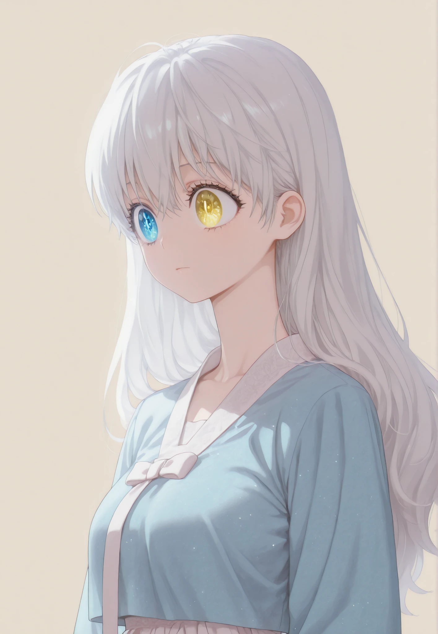 masterpiece, newest, HD Quality, safe, good anatomy, good lighting, , good resolution, beautiful, anime. long white hair. heterochromia:Sky blue right eye and Yellow Gold left eye, glitter on the eyes, dark eyelashes, piel clara, slim build, Medium Breasts Size C. She is 18 years old, measures 1'66 cm. looking at the spectator, Alone, Simple Beige Background. Wearing traditional Hanbok.
