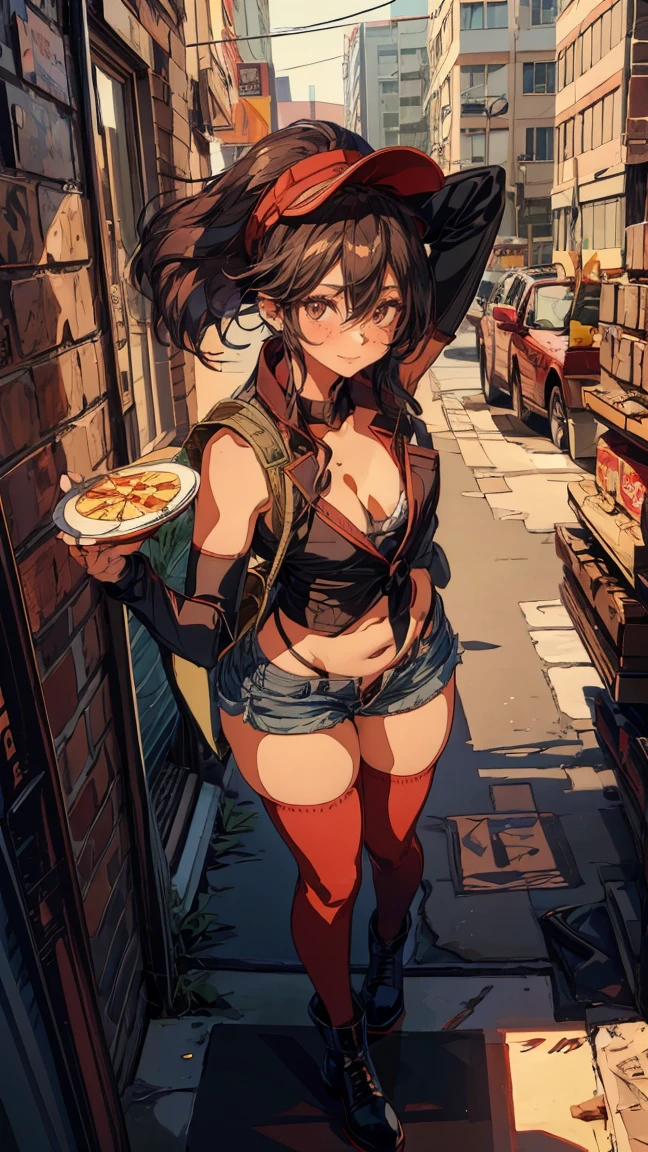 masterpiece, best quality, ultra-detailed, illustration, 1girl, <lora:PizzaDeliverySivir:1>, PizzaDeliverySivir, long hair, brown hair, ponytail, red hat, choker, black crop top, white shirt, short sleeves, cleavage, navel, denim shorts, belt, black elbow gloves, black fingerless gloves, ((red thighhighs)), in a restaurant, behind the counter, cash register