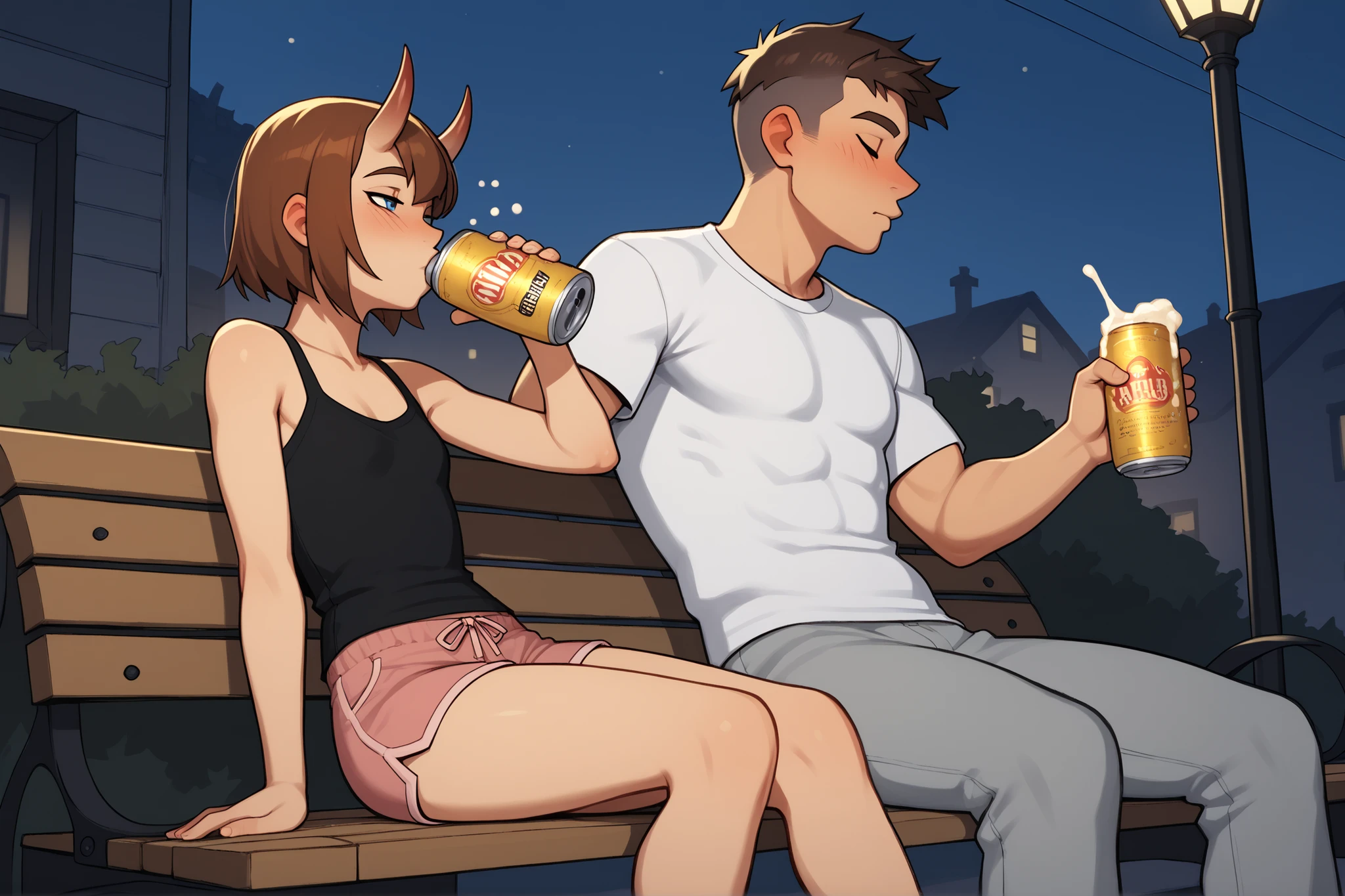 2 drunk people sitting on a bench drinking beer cans, 1man, 1girl, night, street light, four empty beer cans on the bench. Girl has curvy body, thick thighs, black short hair, small breasts almost flat chest, wearing a black top and pink shorts with sleepers. Man has muscular slim body, horns on head, brown hair, wearing white tshirt and grey pants, drinking beer. 8K ultra HD, high quality, masterpiece, side view,Incognitymous, bold black outlines, tipsy, good lighting