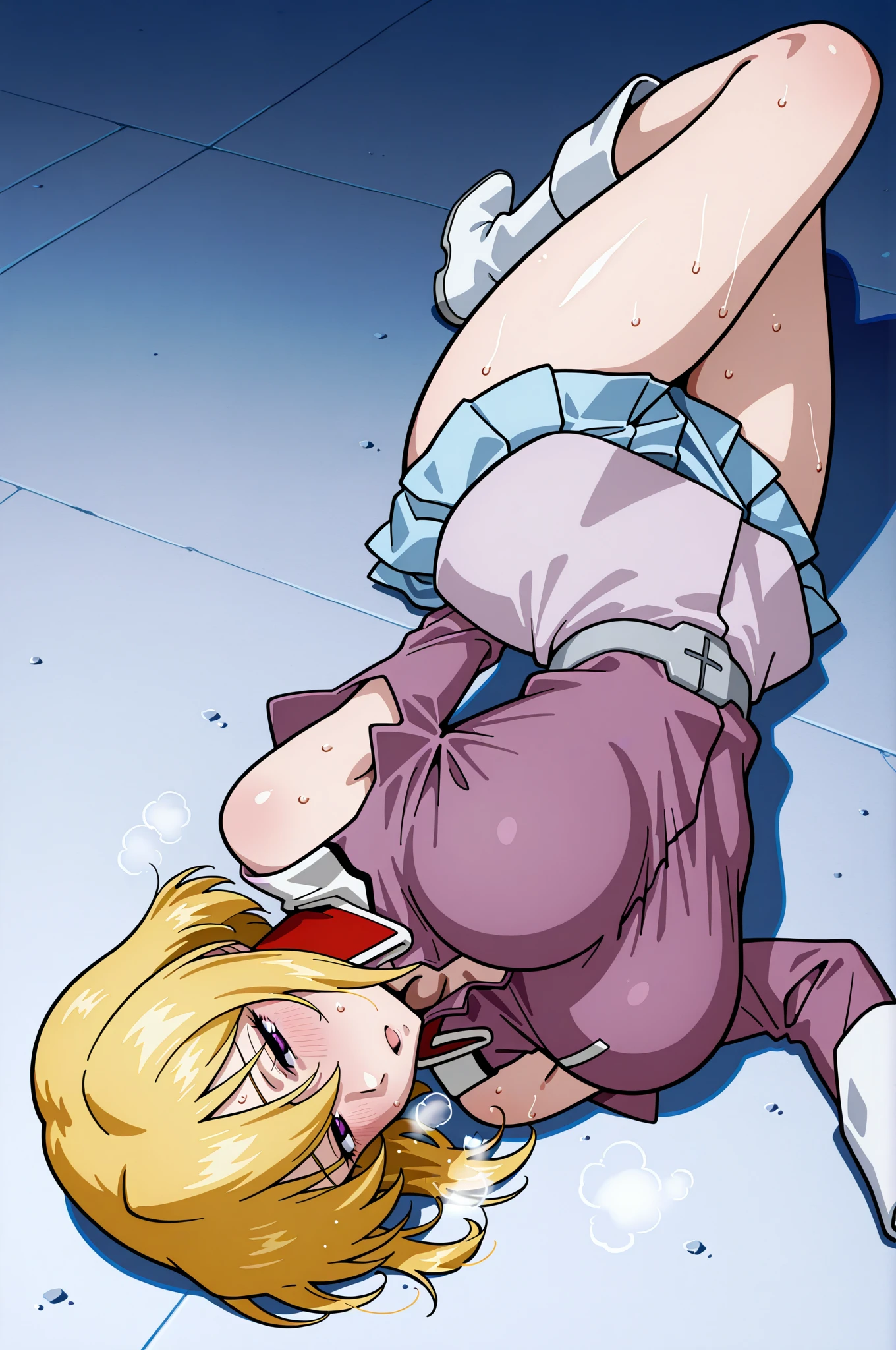 tennis girl's massive vagina out of bottomless spaghetti strap tank top out bare and wet boots spreading her legs, gloved hands hidden behind head, blindfold