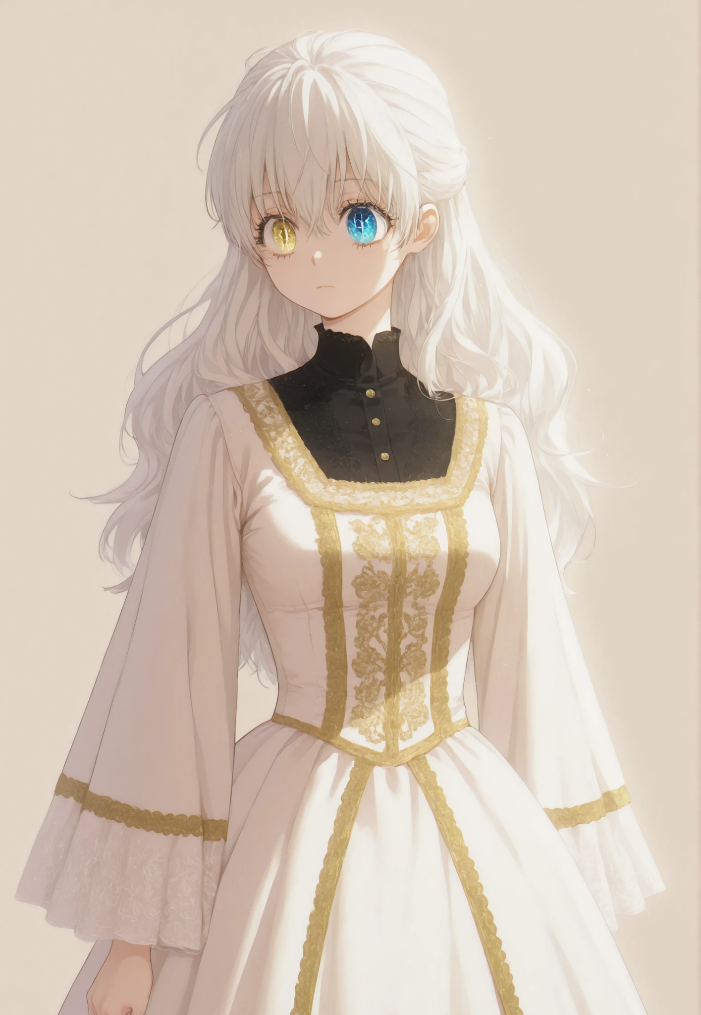 masterpiece, newest, HD Quality, safe, good anatomy, good lighting, , good resolution, beautiful, anime. long white hair. heterochromia:Sky blue right eye and Yellow Gold left eye, glitter on the eyes, dark eyelashes, piel clara, slim build, Medium Breasts Size C. She is 18 years old, measures 1'66 cm. looking at the spectator, Alone, Simple Beige Background. wearing clothes: Victorian white dress, Wide sleeves with elaborate embroidery, embroidered with gold threads.