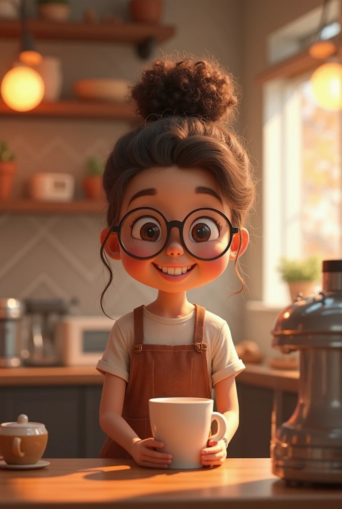 A cheerful and cute chubby girl in 3D cartoon style, with curly hair tied in a top bun and wearing round glasses. She is happily making coffee while standing in a cozy, warmly lit coffee shop. She wears a brown apron over casual clothes. The scene is set in a heartwarming, Pixar-style 3D animation look, with soft lighting, high detail, and warm color tones. The atmosphere is inviting and adorable. Render the image in a vertical 9:16 aspect ratio.