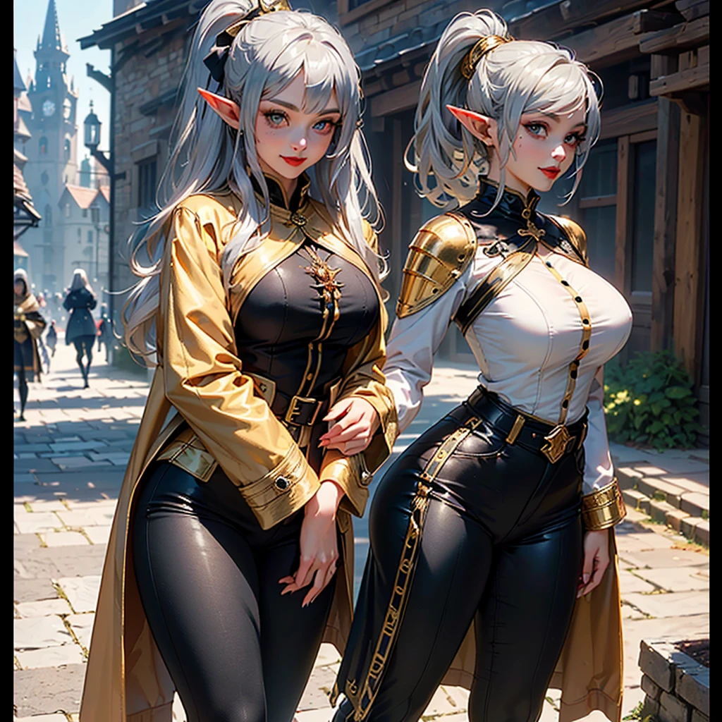 ((best quality)), (detailed), 1 women dark knight armor, 8k_wallpaper, extremely detailed eyes, (large masterpiece digital art), (intricate details:1.3 ), (ultra-detailed:1.3), (sharp focus:1.3), (natural lighting:1.05), (vivid colors:1.3), (best quality:1.4), expressive eyes, full body, detailed face, beautiful face, perfect face, ((hair sandy white curls)), ((gold horns)), (gold eyes), {{dark skin}}, ({dark skinned female}), big breasts, huge chest, mid-range pelvis and big ass, cruel predatory and cold-blooded arrogant look and smile, an open red coat with rolled up sleeves, an open coat with rolled up sleeves, steel heavy knight armor, a wide orange belt lowered lower with large gold yarn, leather pants with steel thigh guards, leather gloves, steel gold bracers and shoulder pads, dark silver chain mail oversleeves, a medieval marching backpack made of animal skins and fur, walking along the path against the backdrop of the elven ruins of the city and colorful blooming flowers,