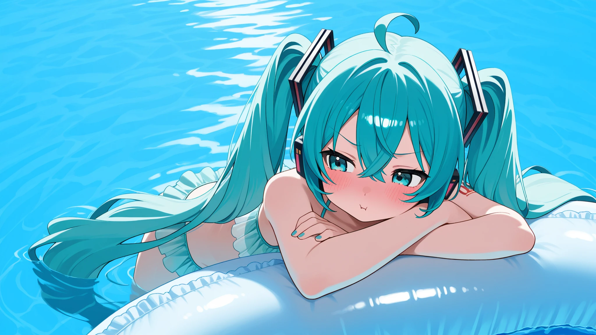 ((1girls:1.3)), ((moe style:1.3)), ((swimming pool:1.3)), ((recliner:1.3)), ((orange juice:1.3)), ((lying down:1.3)),((sunglasses:1.3)), full body, hatsune miku, ((perfect face)), ((extremely cute:1.3)), ((masterpiece:1.3)), ((8k)), ((best quality:1.3)), ((beautiful)), ((extremely detailed:1.3)) , ((absurdres)), AddXL, ((score_9:1.3)), ((score_8_up:1.3)), ((score_7_up:1.3)), Expressiveh