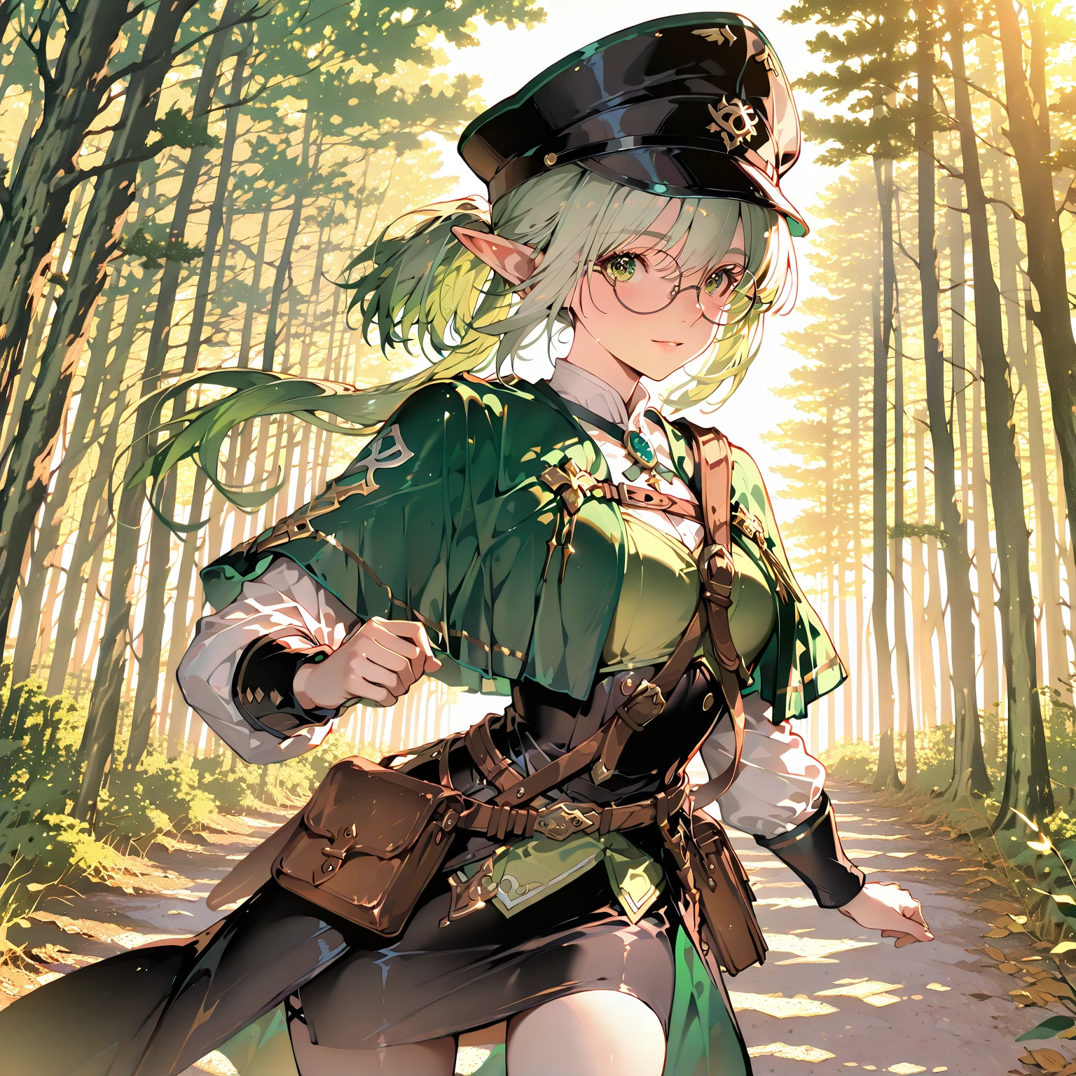 forest, leaves, green skin, goblin, adventurer, backpack, spear, leather belt, vest, long ears, pointy ears, elf ears, thin clothes, open shirt, breasts, cleavage, curvy, ecchi, short, shortstack, pigtails, wavy hair, purple hair, freckles, half rim glasses, dungeon, torch, 1 woman, leather shorts, booty shorts, ass, chubby