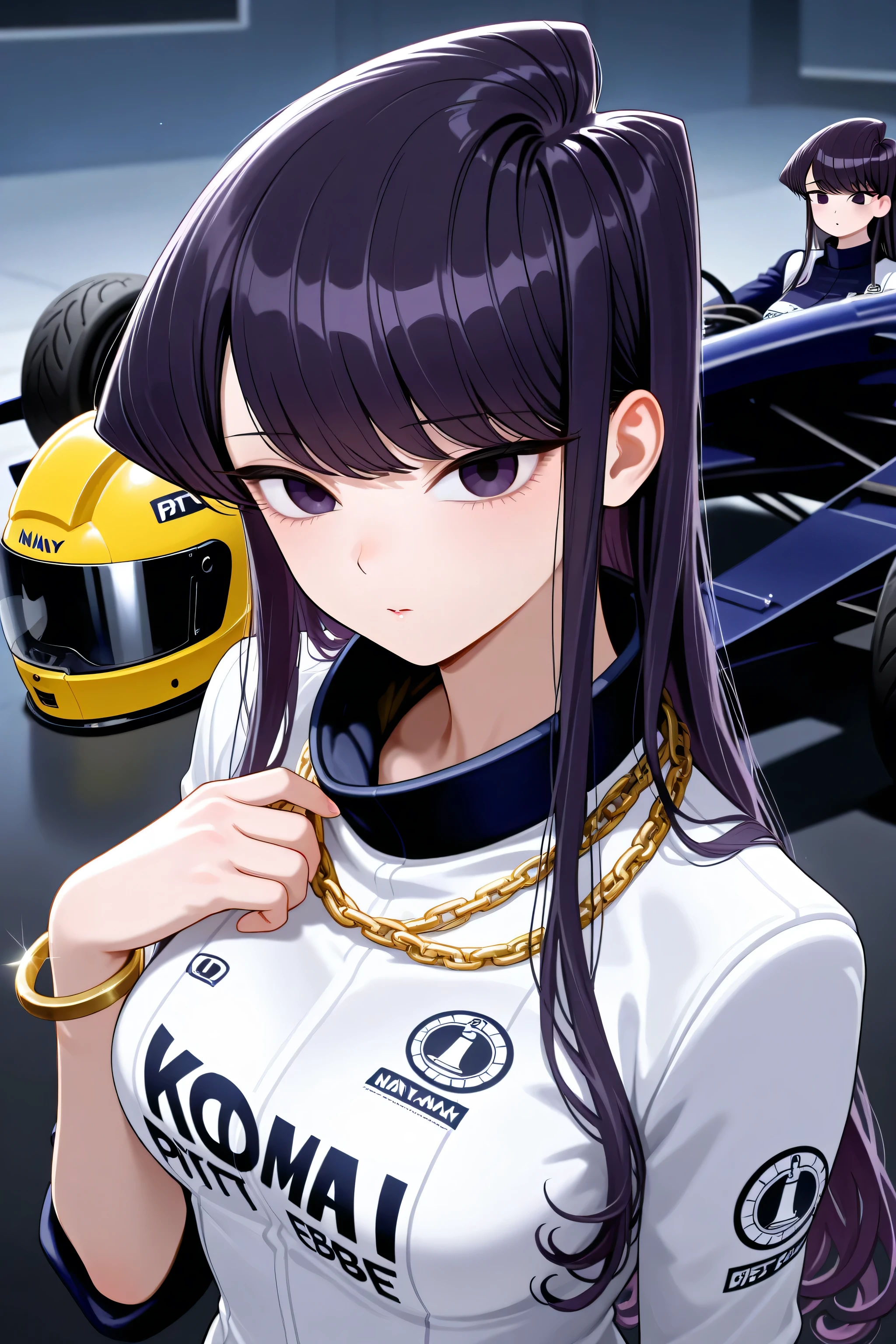 {best quality}, {very aesthetic}, {ultra-detailed}, {best illustration},{Komi Shouko},navy hair,long hair,curly hair,purple hair, purple eyes,Formula-1 pit bebe Uniform,gold necklace,Gold Chain Bracelets,Helmet