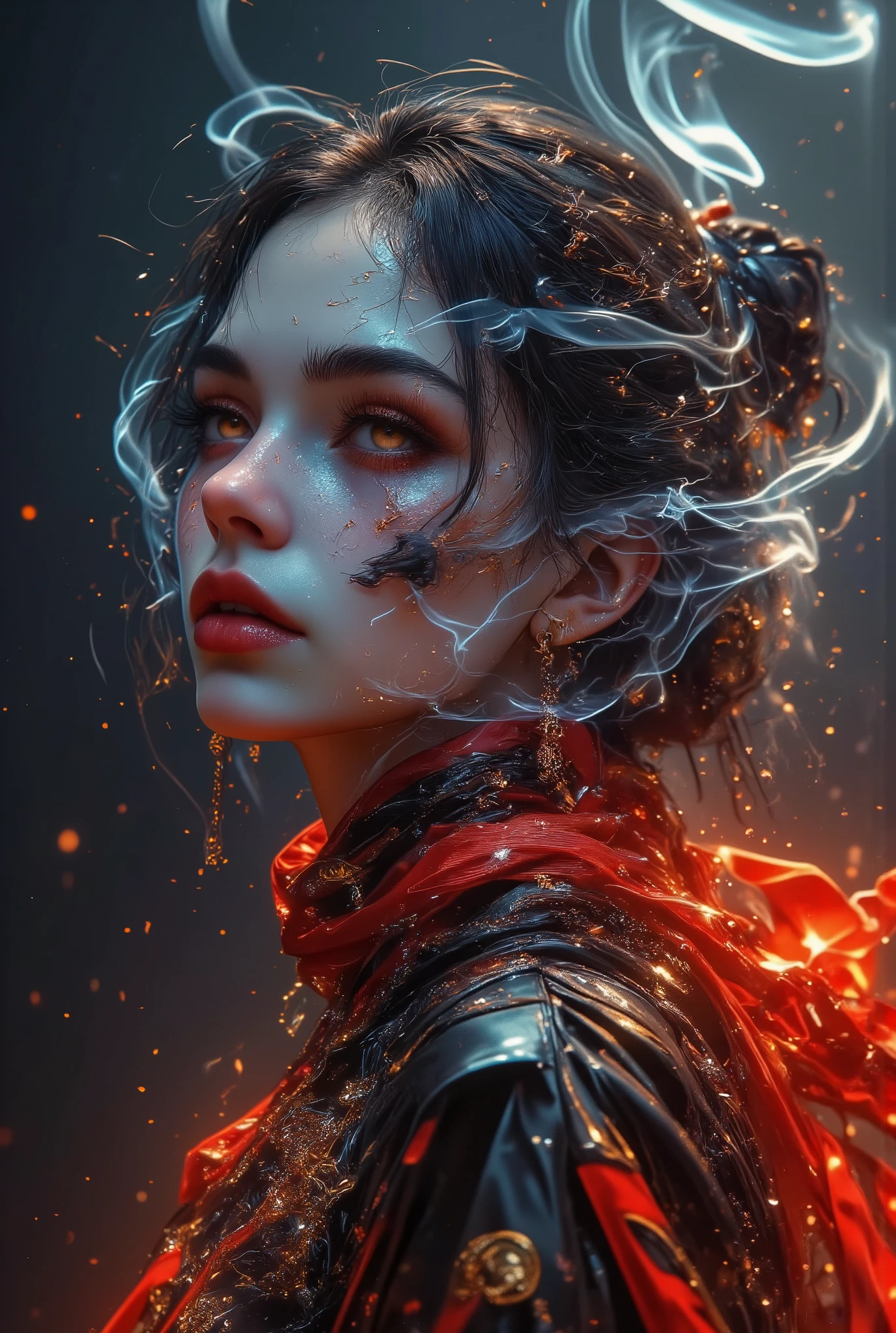 a woman portrait, smoke sculpture, flowing fabrics, delicate ink washes, dance, juliana nan, clear and crisp, mandy disher, movement and spontaneity captured, beautiful detailed eyes, beautiful detailed lips, extremely detailed eyes and face, long eyelashes, 1girl, oil painting, chiaroscuro lighting, cinematic, dramatic, elegant, graceful, ethereal, mystical, moody, atmospheric, dark fantasy, vibrant colors, rich textures, depth of field, award winning, digital art, concept art, (best quality,4k,8k,highres,masterpiece:1.2),ultra-detailed,(realistic,photorealistic,photo-realistic:1.37)