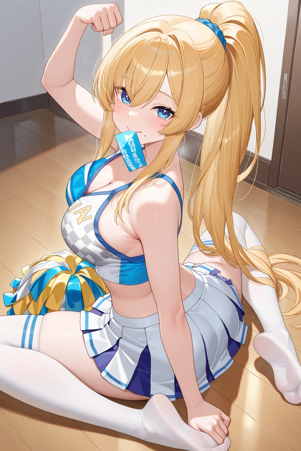 masterpiece, best quality, long hair, medium breast, cleavage, navel, slim legs, morgan fate blonde hair, stage, cheerleader, happy, short skirt, mature women, sitting