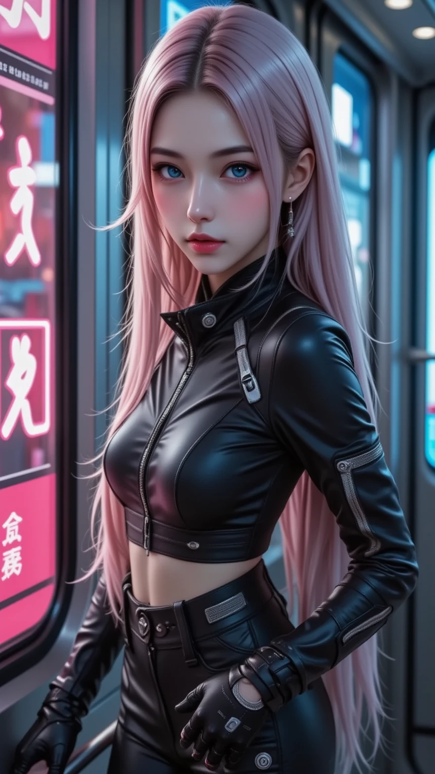 Create a cartoon-style female free fire character with blue eyes, long white hair tied in a ponytail style, light skin, Japanese style blouse in light pink and a mask in her mouth