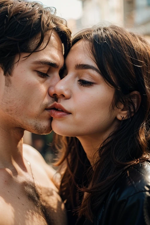 Attractive guy with a gun giving a kiss to an attractive girl ANIME