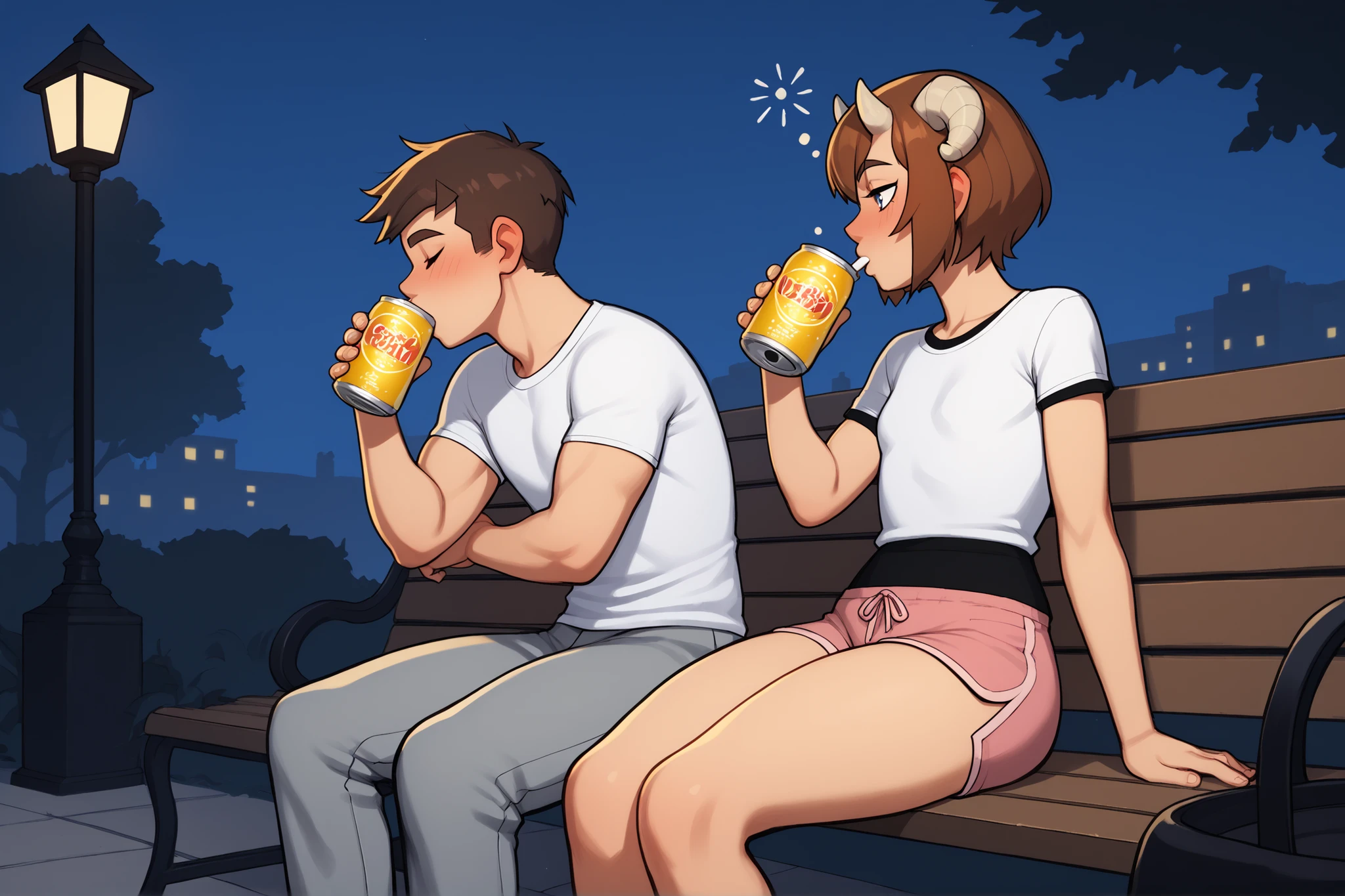 2 drunk people sitting on a bench drinking beer cans, 1man, 1girl, night, street light, four empty beer cans on the bench. Girl has curvy body, thick thighs, black short hair, small breasts almost flat chest, wearing a black top and pink shorts with sleepers. Man has muscular slim body, horns on head, brown hair, wearing white tshirt and grey pants, drinking beer. 8K ultra HD, high quality, masterpiece, side view,Incognitymous, bold black outlines, tipsy, good lighting