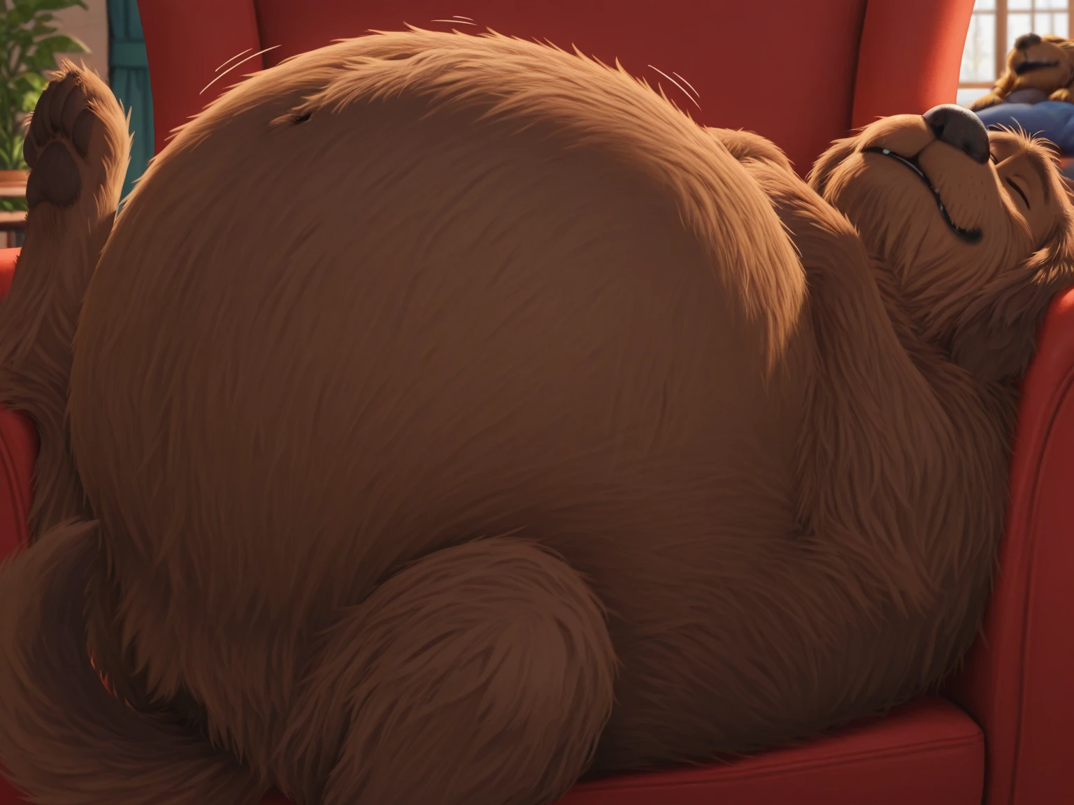 solo, dog, male, digigrade, random fur pattern, messy mane, extremely fat cheeks, obese, large belly, wearing glasses, wearing sweater, wearing baggy pants, lying on floor, looking at viewer, smiling, detailed face, indoors, inside living room, daytime