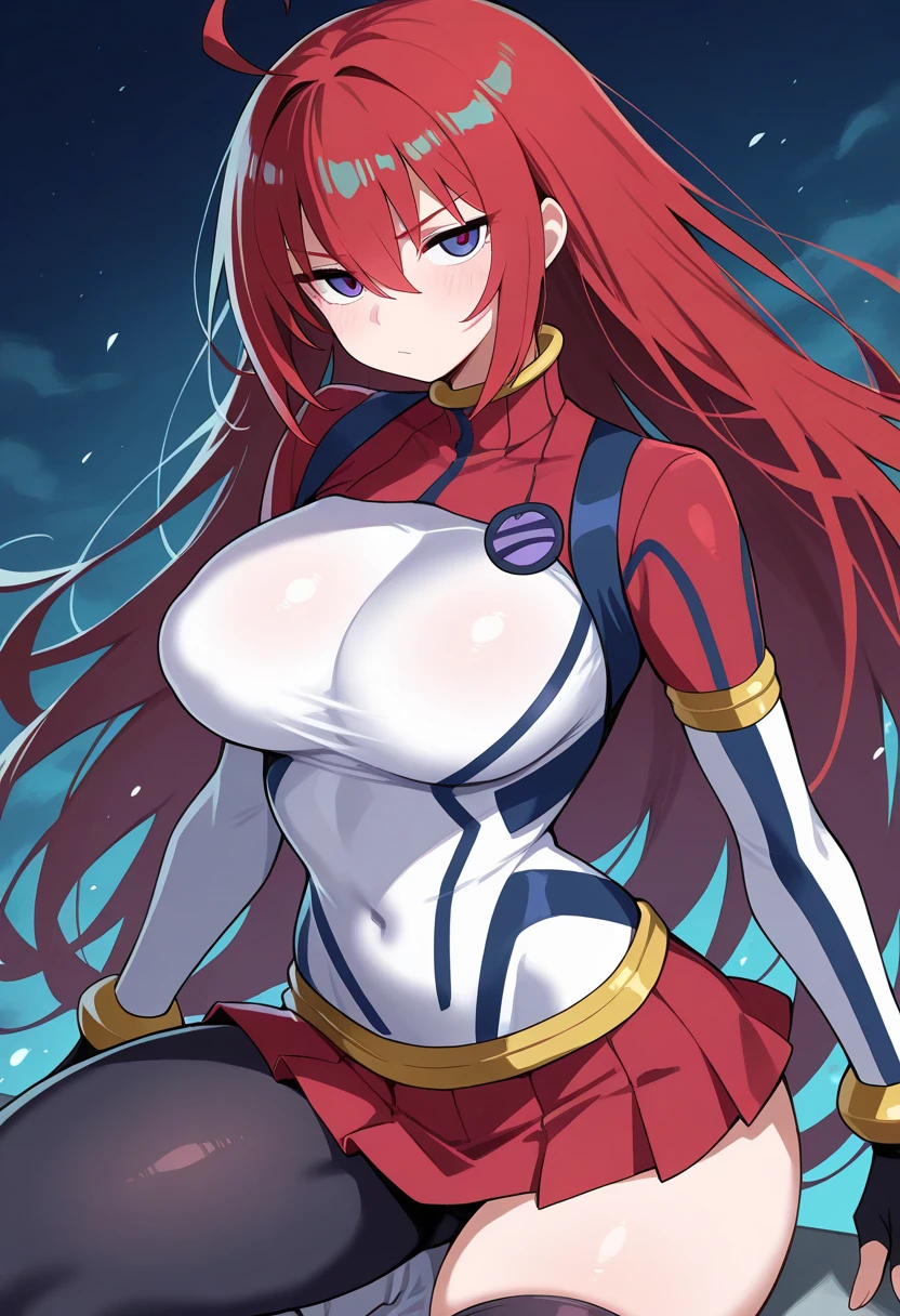Rias gremory with huge breasts bigger than her head, wide hips and thick thighs wearing a dollsuit, rias is standing at attention facing the viewer, Her hair is long and red, she is standing at attention, she is wearing platform heels, the image is in stunning 8k, rias has been brainwashed and hypnotised by an enemy to become their servant, rias is wearing platform heels, her blue eyes show no emotion, she is wearing bodystockings