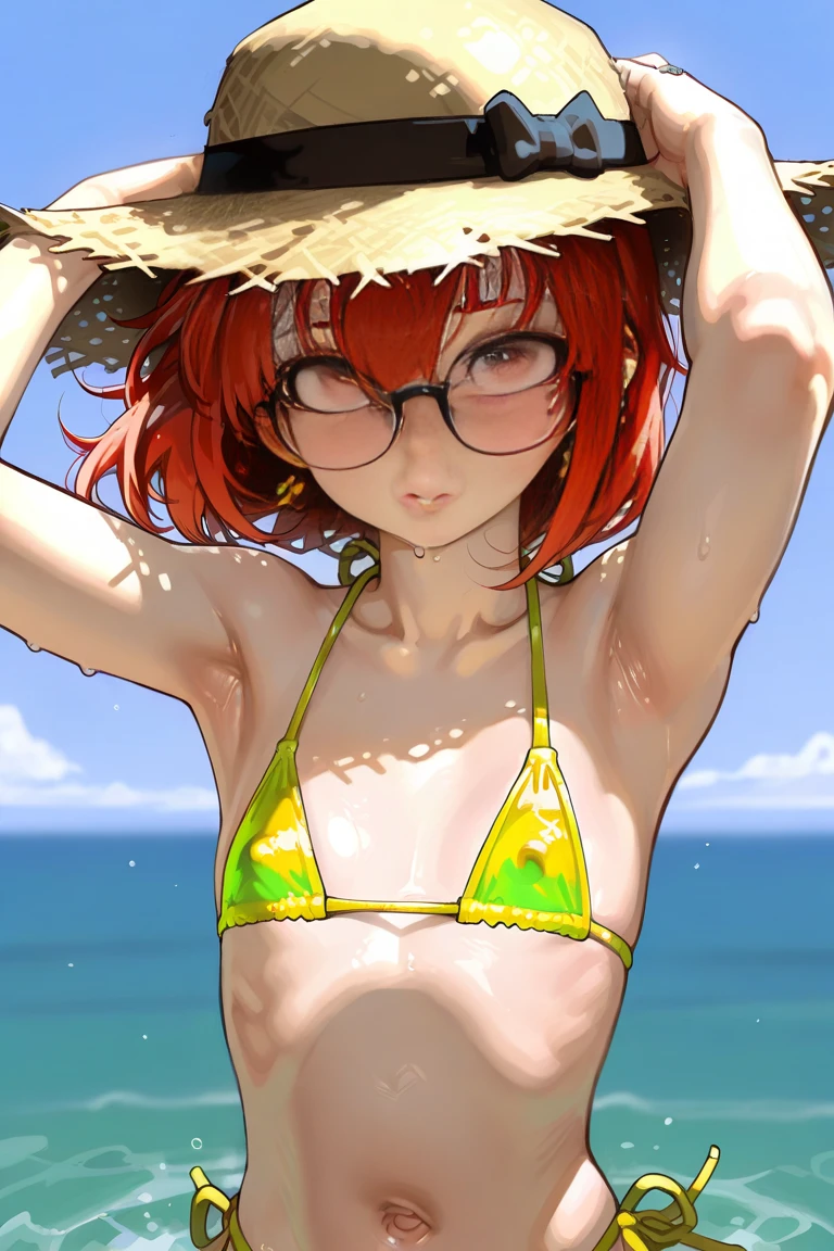 Velma in a bikini, smiling, sexy, full body on a deserted beach.