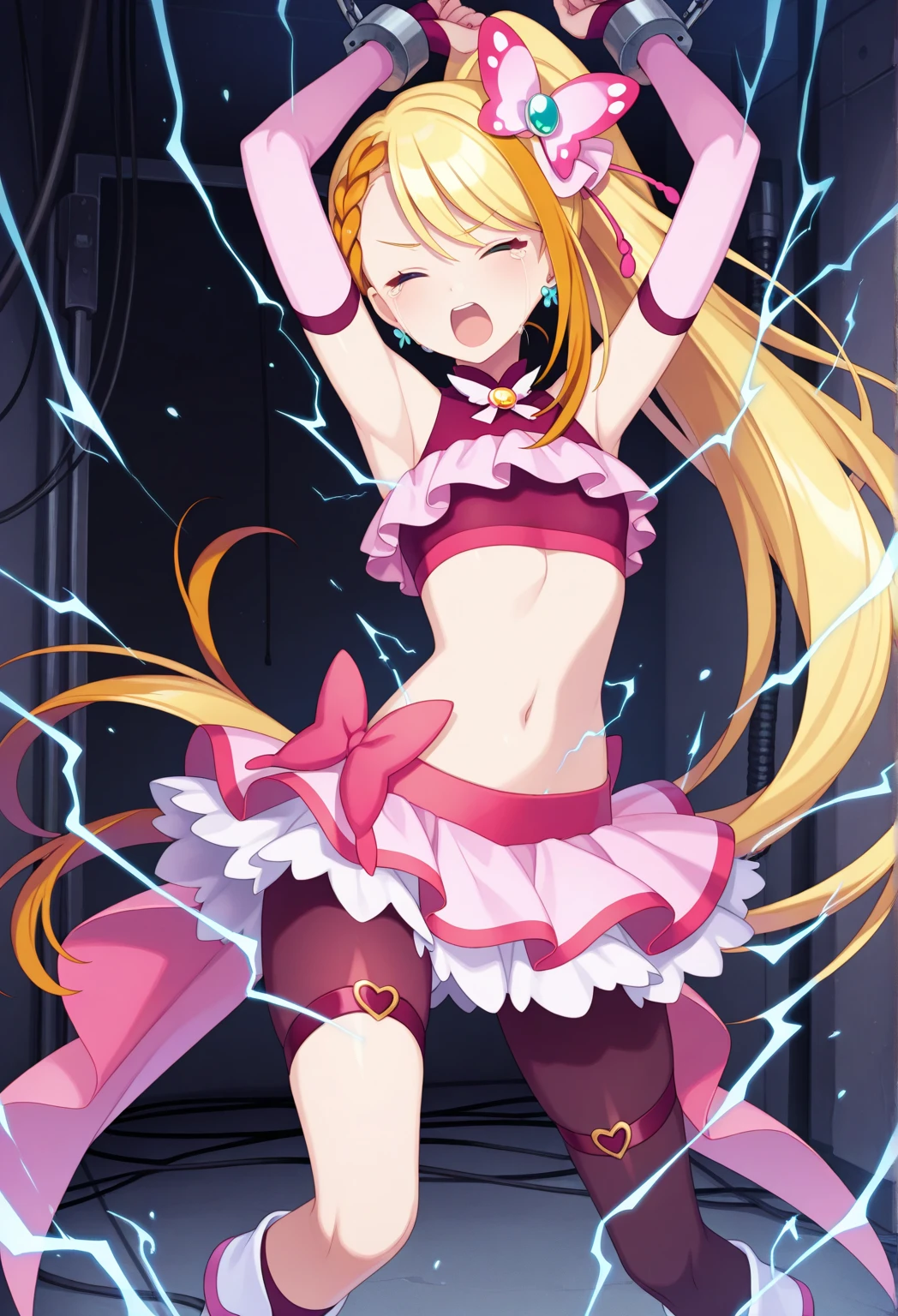 masterpiece, best quality, 1girl, solo,ruby hoshino, long hair, bangs, blonde hair, (pink eyes:1.3), sidelocks, (symbol-shaped pupils:1.5), multicolored hair, two-tone hair,bedroom,(see-through camisole:1.2), cleavage, side-tie panties,(special occasion thong panties:1.3),
wariza,armpits,