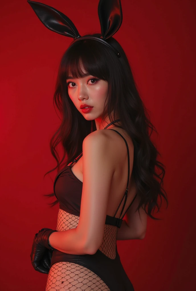 bright light, vibrant colors,

an extremely beautiful korean woman, with long black hair and tousled waves, voluptuous, very large chest,

she is wearing a black crop top with thin spaghetti straps, and a mini denim short,

sexy pose,

behind her is a red painted wall, 