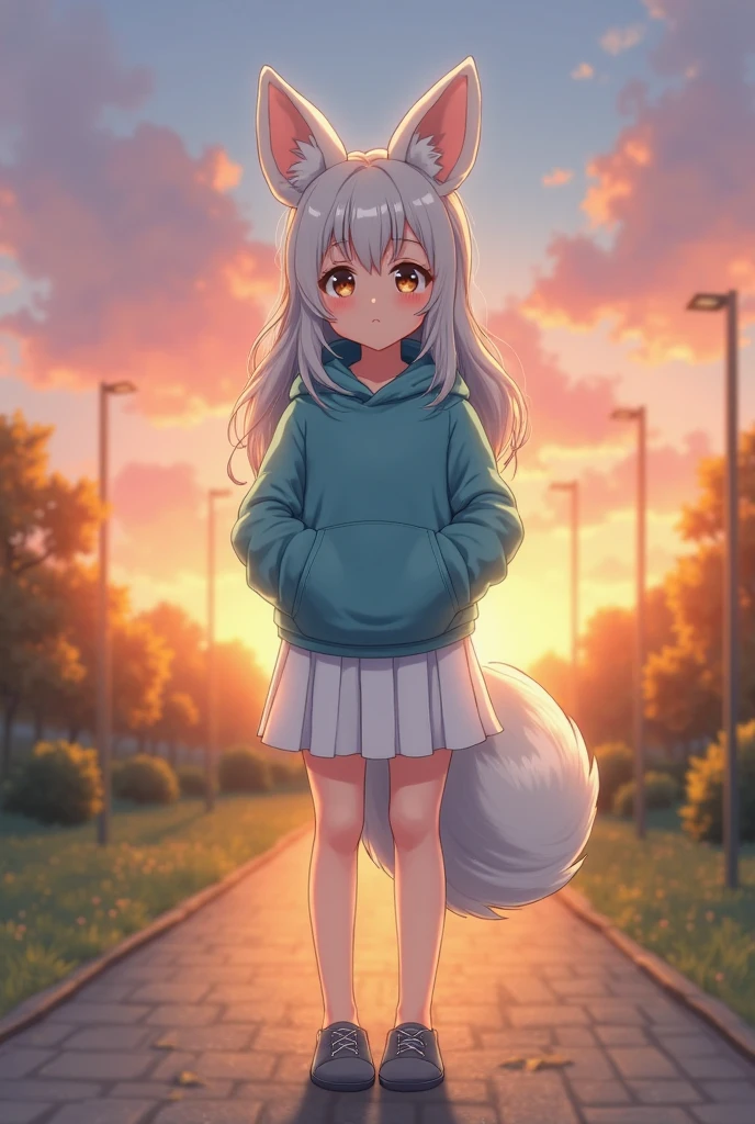 anthro boy cat, long hair, cat tail, solo, furry, furry boy, (girly, young, gray fur, gray body, blue eyes, gray hair:1.2), (panties, green sweater), (detailed background, park, day, summer, gray background), pose, bow collar