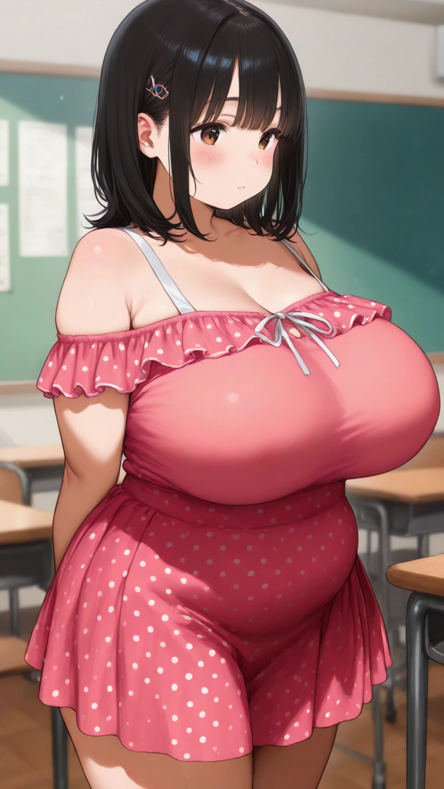 ((highres)), Masterpiece, high quality, best quality, beautiful, perfect lighting, detailed face, ultra cute face, ((1girl)), ((solo)), short black hair, hair over one eye, green eyes, pale skin, ((blush)), shy, arms behind back, (black tank top), (short plaid pleated skirt), thigh highs, chocker, cleavage, large breasts, (wide hips), (thick thighs), navel, chubby, chubby belly, belly rolls, standing in a classroom,