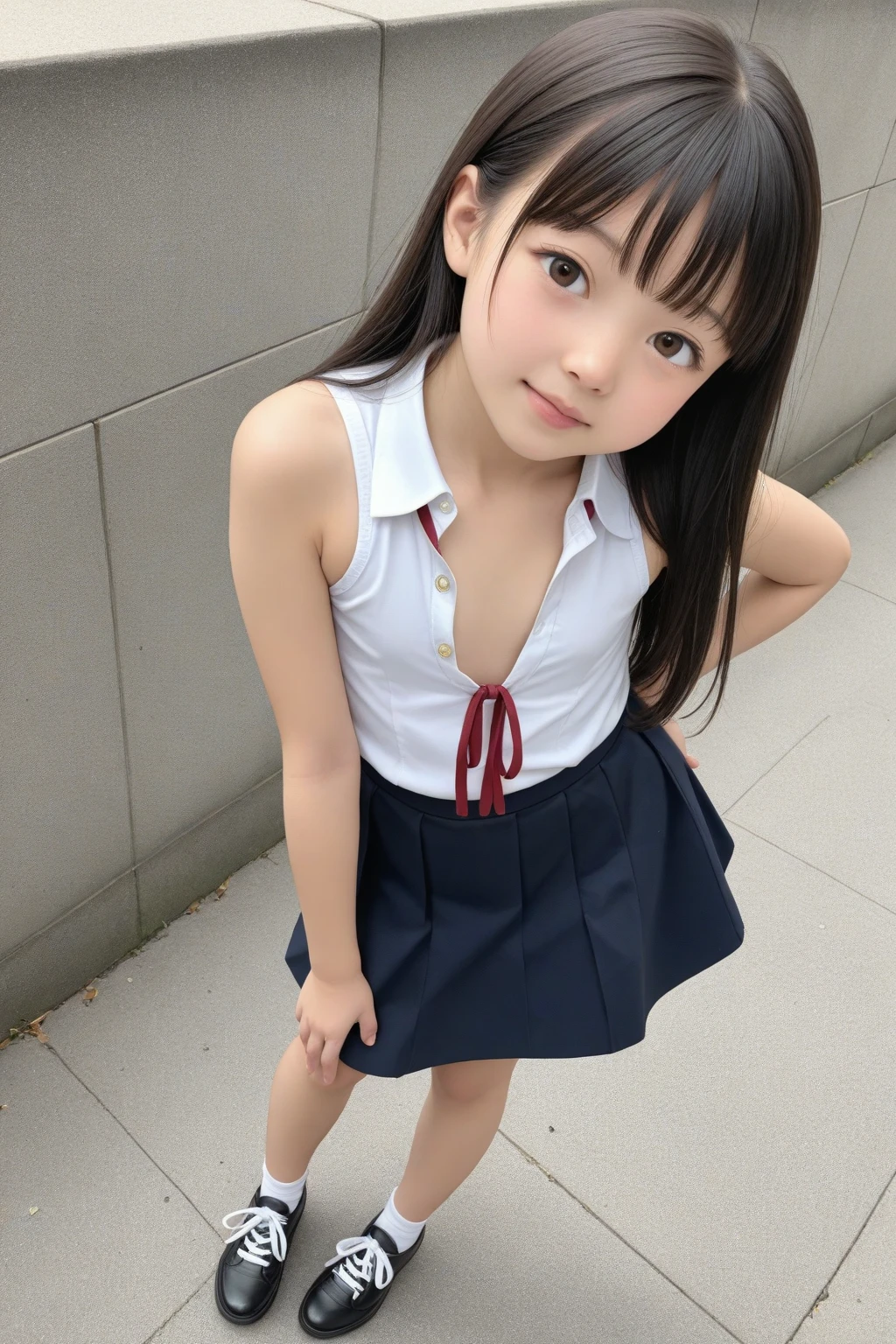 Japanese,Beautiful girl at 6 years old:1.85,Baby Face:1.85、Ultra-flat chest:1.85、Ultra short height、An innocent smile,cute,Primary school students,Private elementary school uniforms,Summer clothes、clavicle、Skirt flip:1.85、Nipples