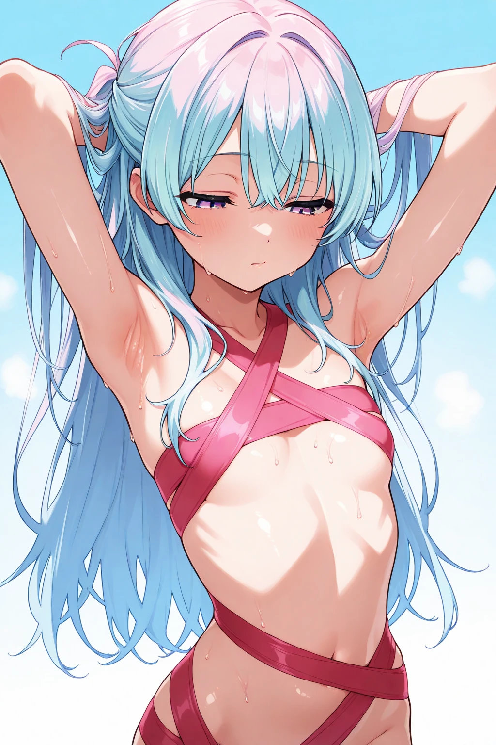 snfw,(highest quality:1.2),1 girl,alone,Are standing_Split,AYANAMI REI,(white slingshot bikini:1.2)、long hair,blue hair,bangs,interface headset,hair between eyes,pixelated background,neon light,SF color scheme,Bright colors,metallic texture,detailed shading,Holographic interface,dark atmosphere,high contrast,sharp focus,twig of hair,Reflective surface,exquisite details,High resolution,studio lighting,Red accents,Illuminated environment,artificial intelligence assistant