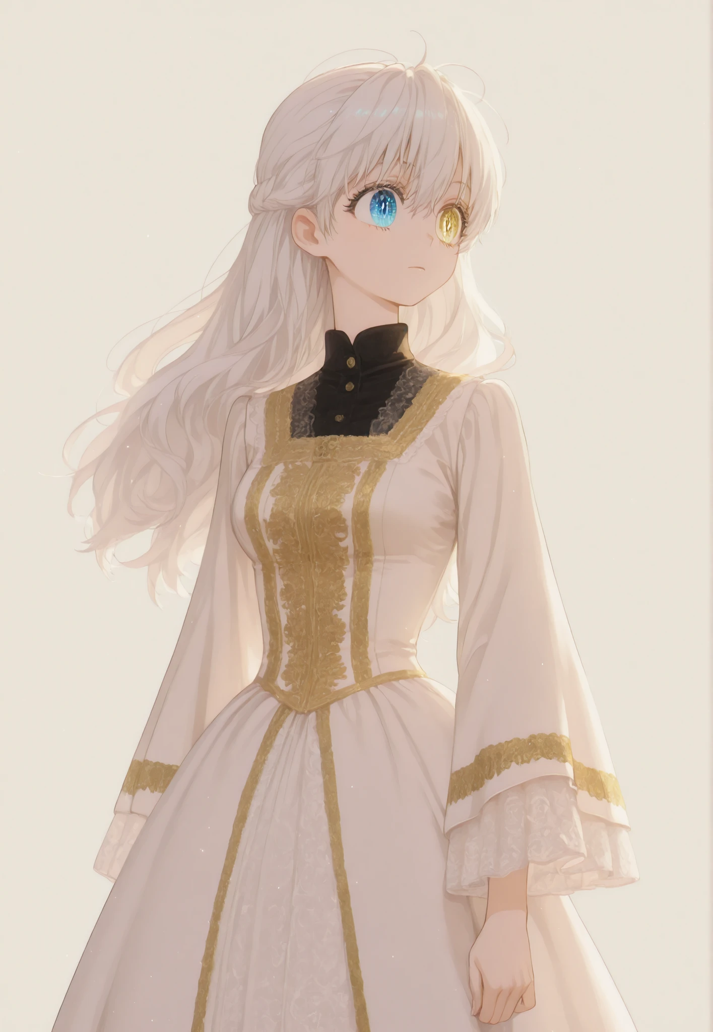 masterpiece, newest, HD Quality, safe, good anatomy, good lighting, , good resolution, beautiful, anime. long white hair. heterochromia:Sky blue right eye and Yellow Gold left eye, glitter on the eyes, dark eyelashes, piel clara, slim build, Medium Breasts Size C. She is 18 years old, measures 1'66 cm. looking at the spectator, Alone, Simple Beige Background. wearing clothes: Victorian white dress, Wide sleeves with elaborate embroidery, embroidered with gold threads.