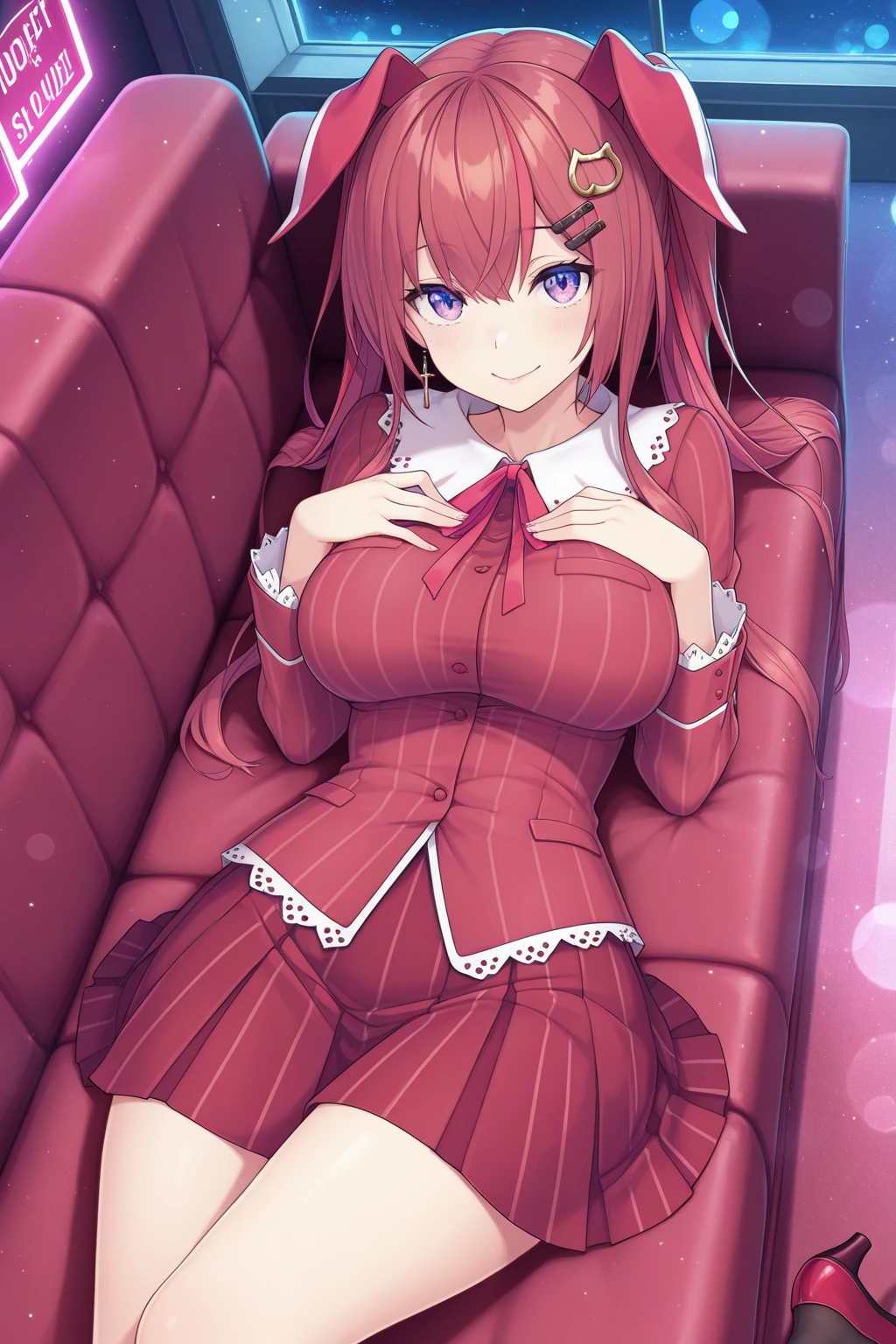 riruka, medium breasts, (blush), laying on bed, panties, underwear, from above, rabbit ears, stockings, <lora:riruka:1>