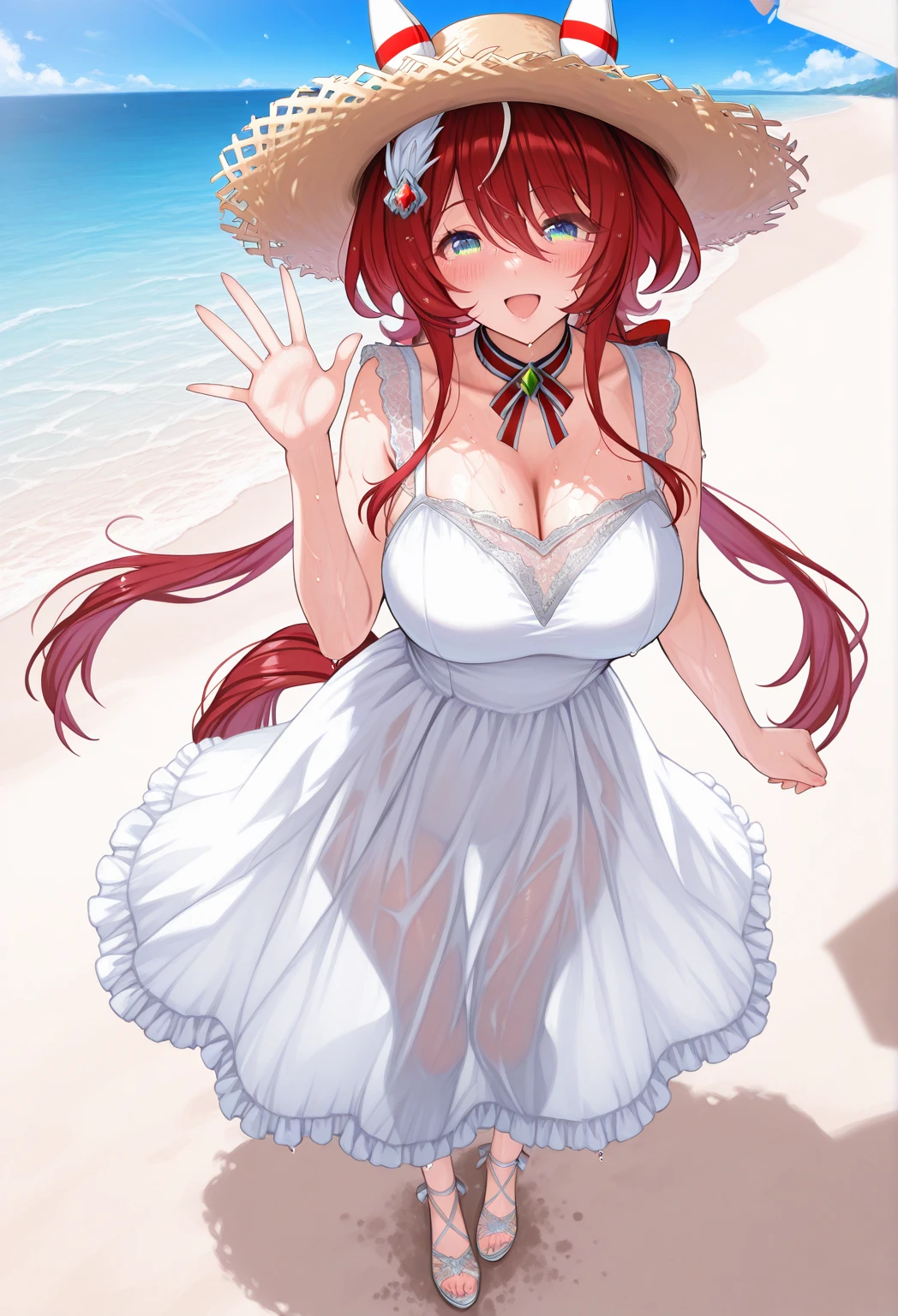 (obra maestra), 1 chica, Solo, Mejor calidad, ojos expresivos, cara perfecta, (mujer madura, mqmf), madre, pelo rojo ROMPER pelo largo, pelo ondulado, ahogo, vestido de verano rosa BREAK pies descalzos, caderas, pechos grandes, parte superior del cuerpo, playa, Sonrisa, feliz, :D, brazos extendidos, Abrazo entrante, tirar, al aire libre, de pie