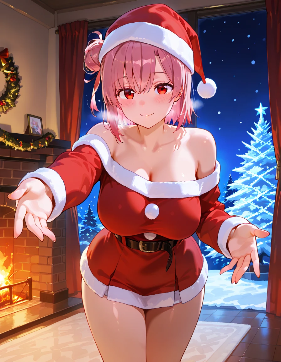 (One girl),(Best image quality, 32K, masterpiece:1.3), Anatomically correct, ((Pink Bob Cut:1.1)),(Swept-apart bangs,), (Cute eyes, Dark Eyes), (Mole under right eye), (thin), (Large Breasts),(Glowing Skin:1.1),(Pale skin:1.2),(Fantasyな雰囲気),(look up),Ultra-high resolution, Textured skin, Sparkle Effect, Fantasy,Bright Eyes,high school student,

Red lace panties,Red lace bra,Red Garter Belt,Braiding, Wet body,Sweat,

Red White Mini Skirt,belly button,Cleavage,Ribbon on neck,

Eat white popsicles,Saliva stringing,Food is on the face,

On all fours,


Santa hat, Santa Costume,

Woodhouse,fireplace,night,snow,Christmas ,smile, 