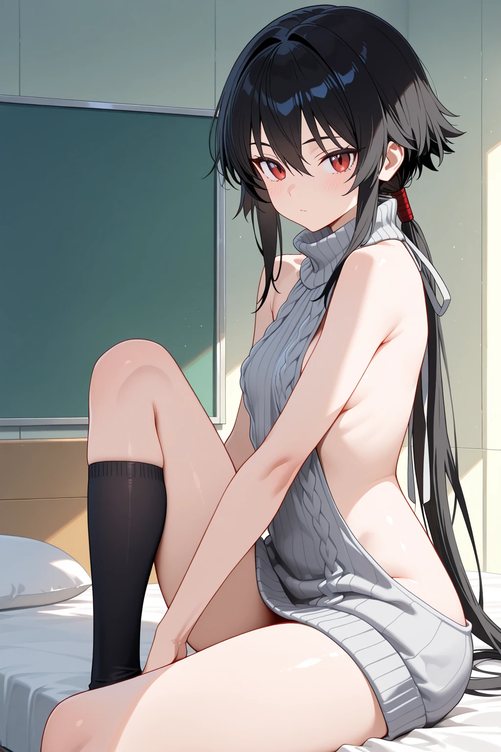 8K, top-quality, Real Image, intricate detailes, The ultra-detailliert, 超A high resolution, Depth Field,(Photorealsitic,realisitic:1.2),​masterpiece, 0.25 :: a closeup , straight-on shot ,  , 1girl in, , an extremely beautiful 17-year-old girl, sharp eye,Demon Horns , ,Straight bangs,A dark-haired,Black straight long hair,scarlet eyes, perfect glossy skin, flawless skin, fair white skin, breastsout, , narrow waists, thin blush, 独奏, looking at the viewers, Archaic Smile,　The Perfect Five Fingers, large boob,tits out,Glowing face,Lying in bed,slingshot,waking up,,,open one's legs,