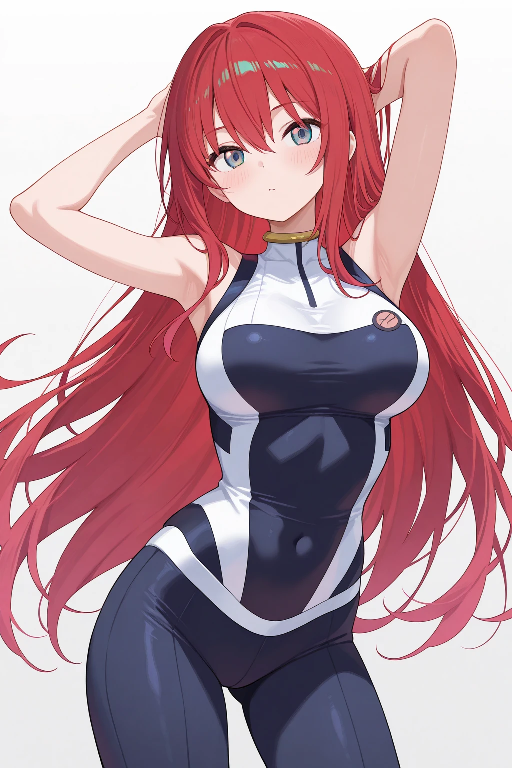 a young adult female with long, straight, shiny rouge red hair, dressed in a white shirt risque style and tight yoga pants. Smiling cutely way, endowed