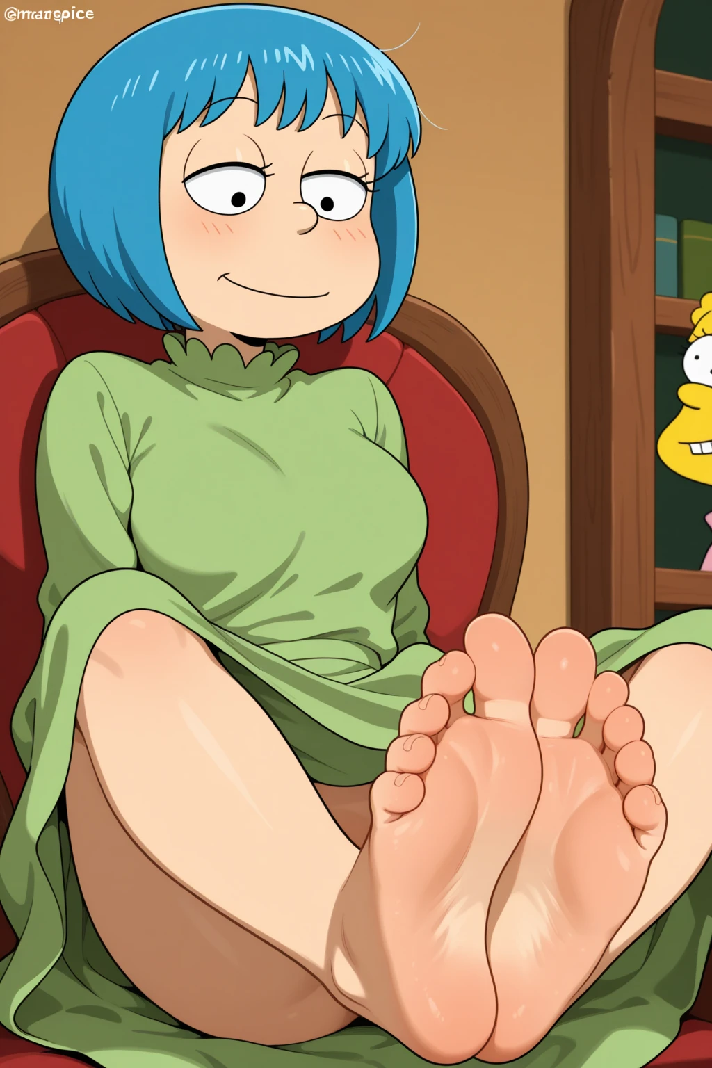 gw_n, 1girl, pale skin, green eyes, short orange hair, blue hair clip, sapphire earrings,
 score_9, score_8_up, score_7_up, footjob , hot , full body view , big breasts 
