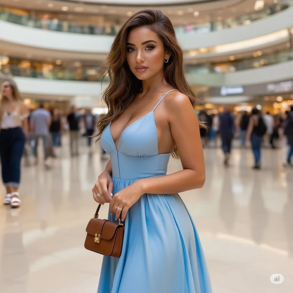 (Best quality, Ultra-detailed, Golden Ratio, Masterpiece:1.2), Studio lighting:0.7, Photorealistic portrait of a beautiful pakistani woman in a mall clothing store, turning her head to the side to showcase a striking earring to the camera. The woman should have a flawless, highly detailed face (Highly Detailed Skin) with soft, luminous skin. Her long hair should be naturally brown and stylishly arranged. The focus of the image  on her face and the earring (Sharp Focus on the Face, Perfect Eyes:1.2). The scene should be rendered in muted, warm colors, with the woman standing under a spotlight casting a soft, natural light on her. The photography should feature high-quality film grain (ISO 400, 30mm lens RAW f1.8 aperture, highly detailed) to create the impression of analog photography (Analog Photography:1) with HDR colors,  the scene both realistic and stylish. The image should be a full body shot, from head to toe. The woman should be wearing a beautiful long blue dress