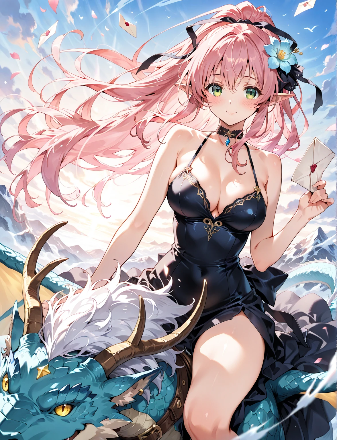 Vibrant, high-definition anime-style illustration set on a tropical beach. The layout features a central female character, Narmaya, with long pink hair, partially covered by a hooded cloak adorned with brown horns. She has fair skin, large expressive blue eyes and pink pupils, and a small blue butterfly hair clip. One eye is covered by her hair. The character is wearing a revealing black bikini with gold accents, and her hands are holding the edges of her cloak. The background showcases a pristine beach with white sand, lush green foliage, and tall palm trees. The clear blue sky and turquoise ocean complete the idyllic setting, with distant islands visible on the horizon. Narmaya and her attire are meticulously detailed. The intense effort put into shading brings this image to a realistic style. Gorgeous vibrant colors draw the eye. Narmaya's suggestive stance brings the viewers focus to her large and perfectly shaped breasts. The image is both magical and erotic.
(masterpiece), best quality, expressive eyes, perfect face, suggestive pose, purple and pink background, seductive, fantasy, 8k, absurdres, narmaya, pink hair, blue eye with pink pupil, hair over eye, draph, horns, butterfly hair clip, black bikini, hood, defined hands, perfect hands, perfect fingers,