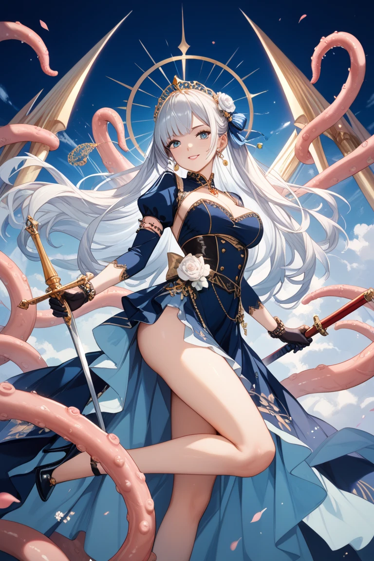 (8K, masutepiece, Highest Quality, Best Quality, Official art, Breathtaking beauty and aesthetics, A highly detailed, The best masterpiece in history that exceeds limits, Breathtaking and beautiful lighting:1.2), (1 Girl, solo), (sixteen years old), (beautiful detailed face), (shiny white skin), (Beautiful big bust, cleavage:1.2), (thighs), (beautiful detailed pink twin tails hair, bangs:1.3), (beautiful detailed drooping pink eyes:1.5), BREAK, (Beautiful detailed fantastic black dresses, black See-through intricate lace, black ribbon, silver thread), (Beautiful Luxurious Diamonds Tiara), (mysterious smile), (dynamic cut, Attractive, Look at the camera, cute pose), breathtaking scenery, BREAK, (ultra detailed beautiful purple lightning, night sky:1.2), (Beautiful detailed fantastic mysterious big scythe:1.3),